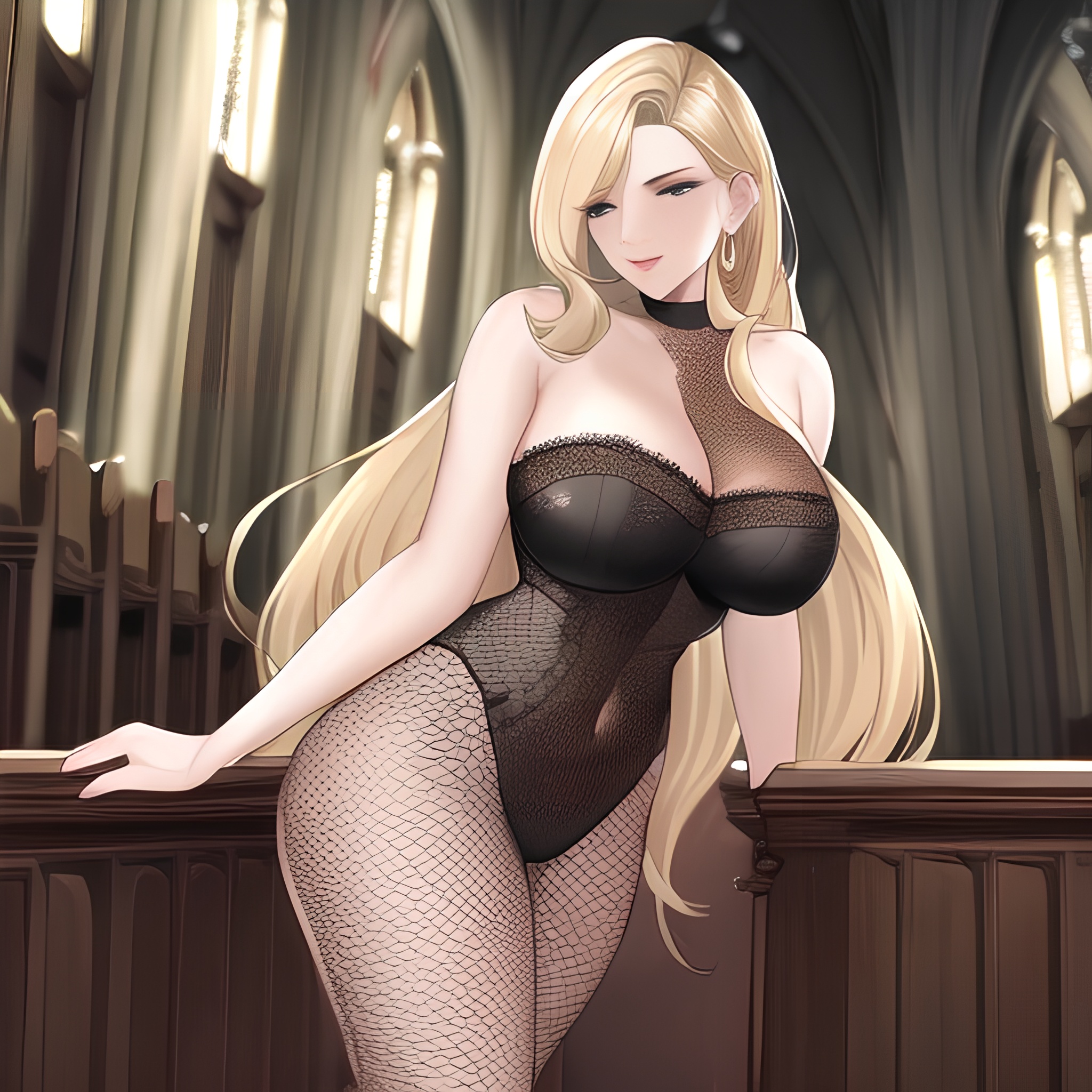 blonde long hair woman front view fishnet church small boobs nude 