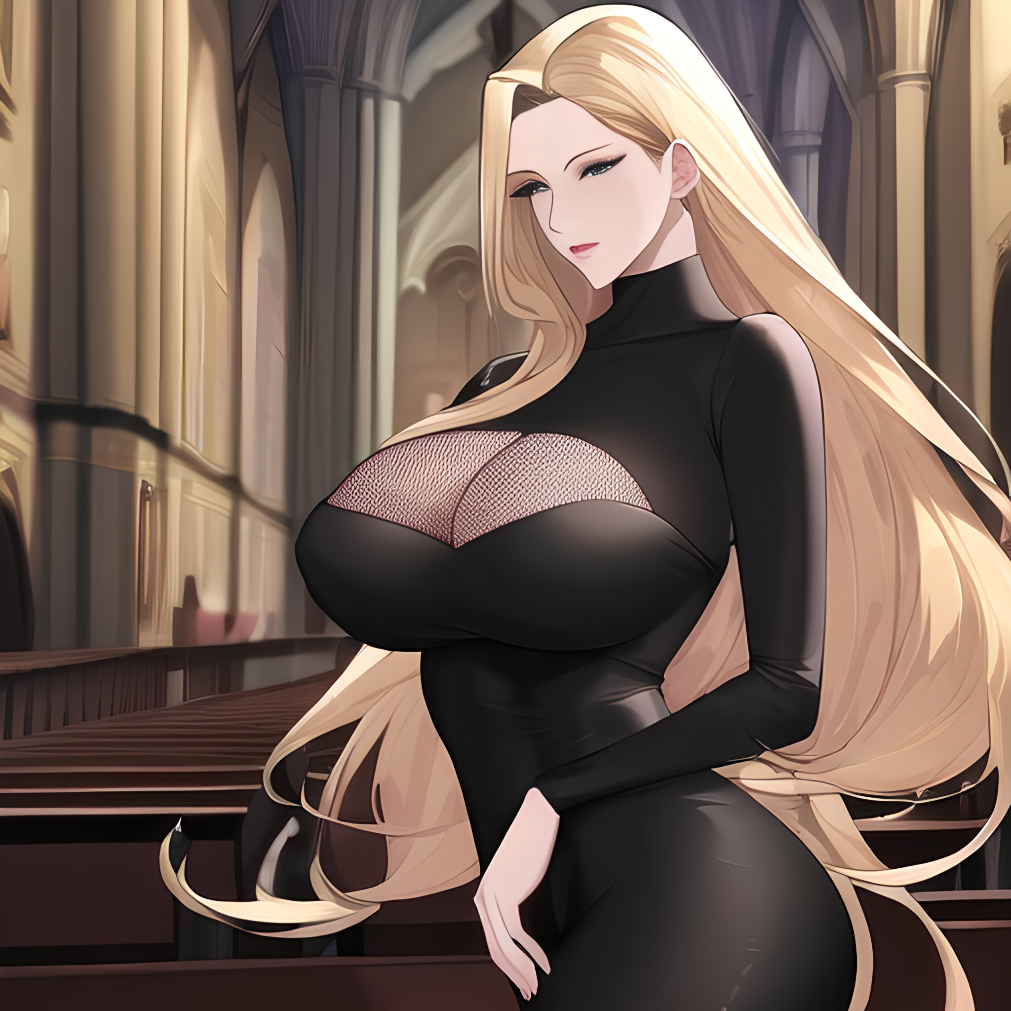 blonde long hair woman nude front view small boobs church fishnet 