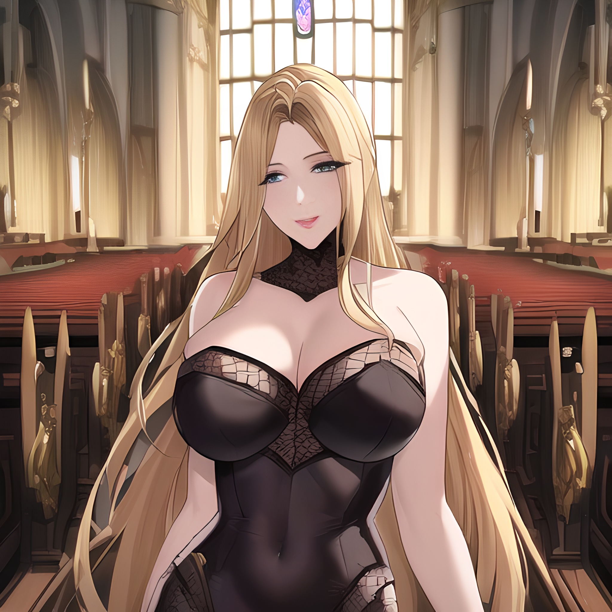 blonde nude church front view fishnet long hair woman small boobs 