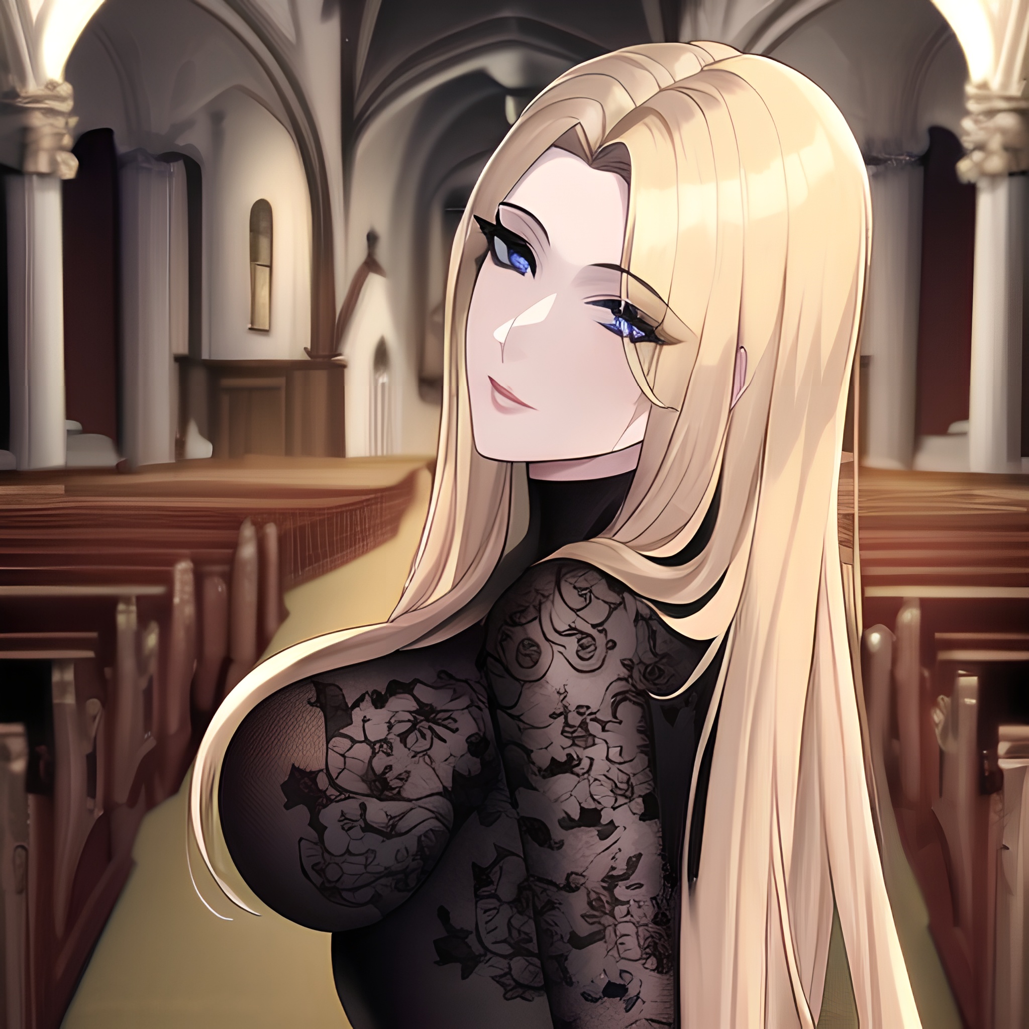 blonde nude church woman small boobs front view long hair fishnet 