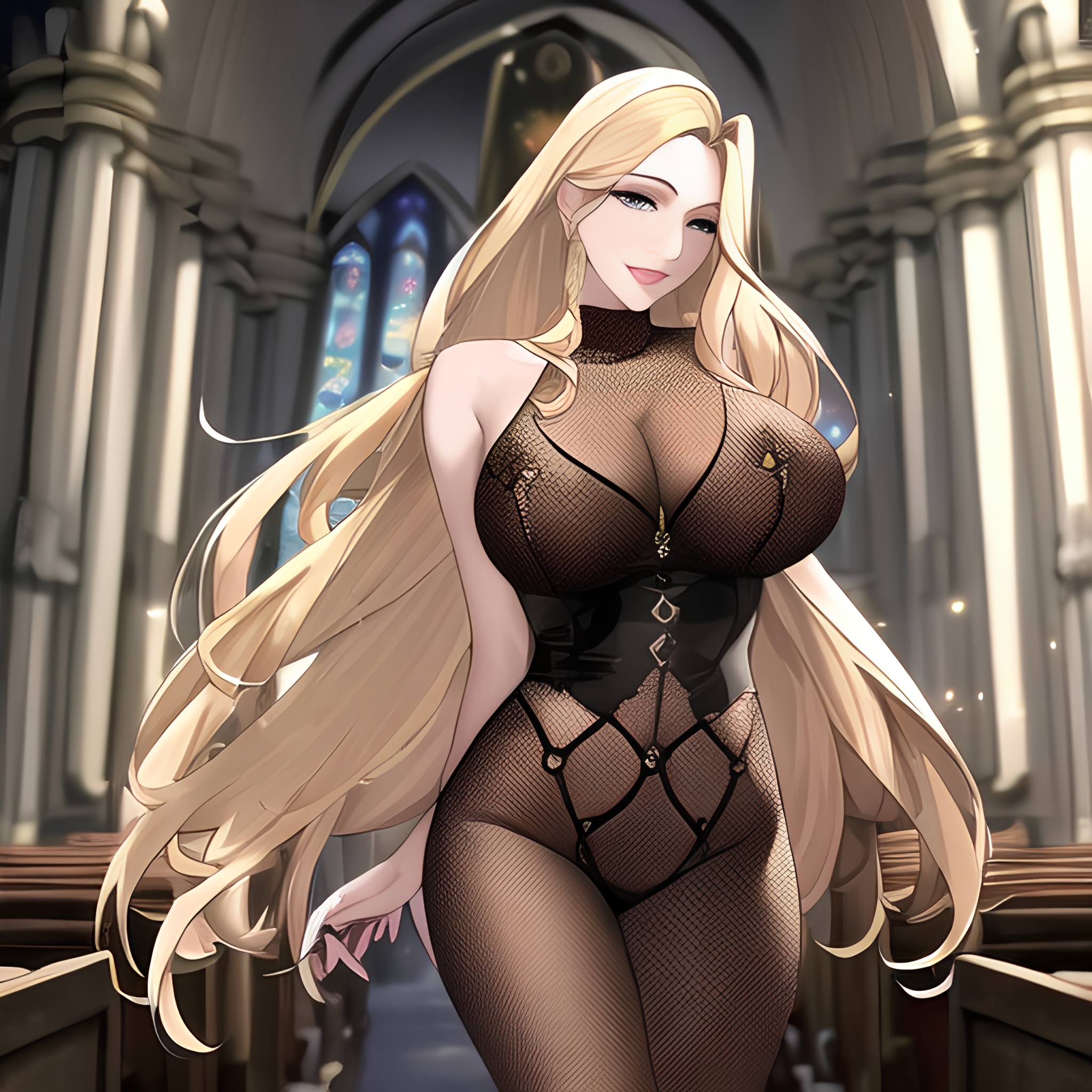 blonde nude fishnet church woman small boobs long hair front view 