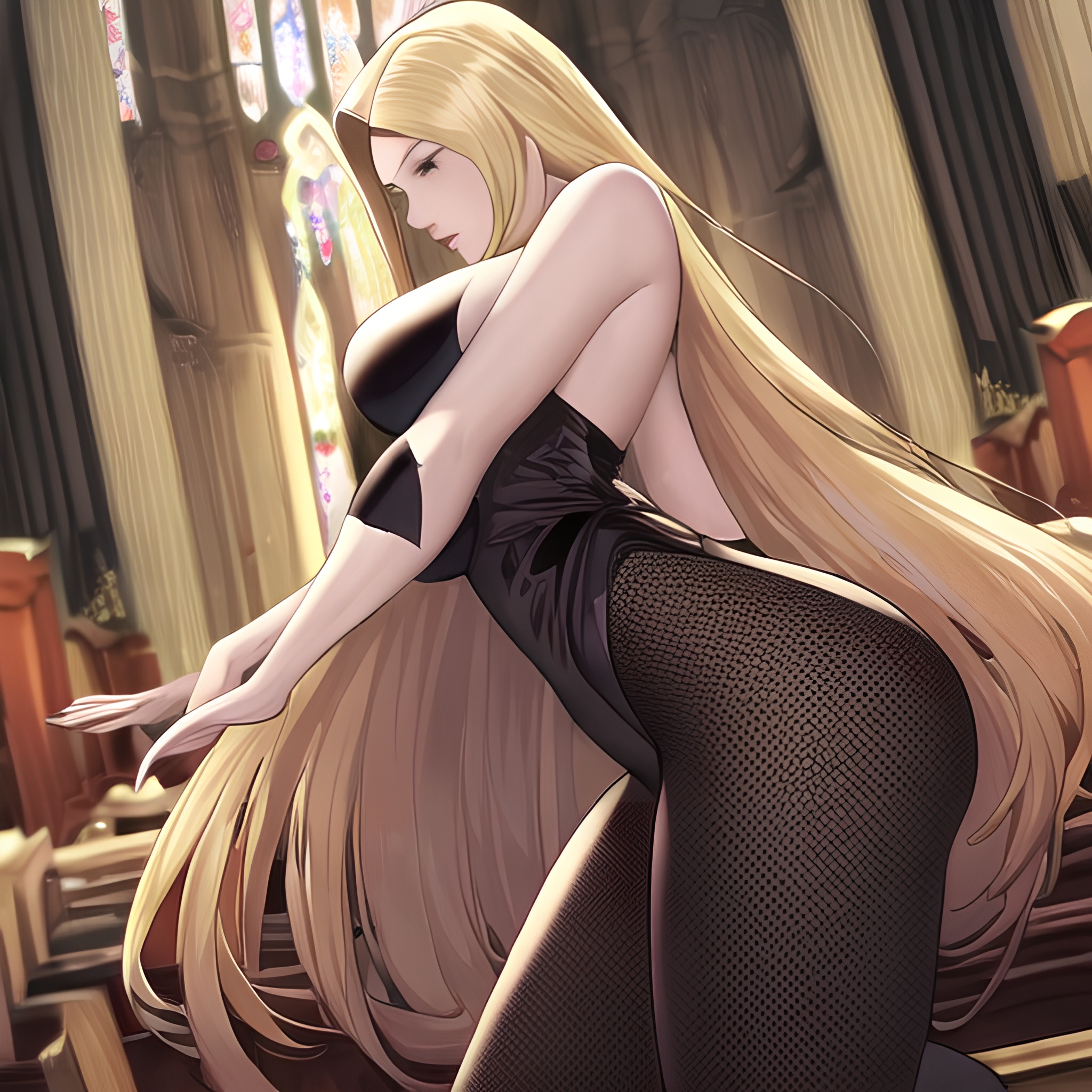 blonde nude front view fishnet long hair church woman small boobs 