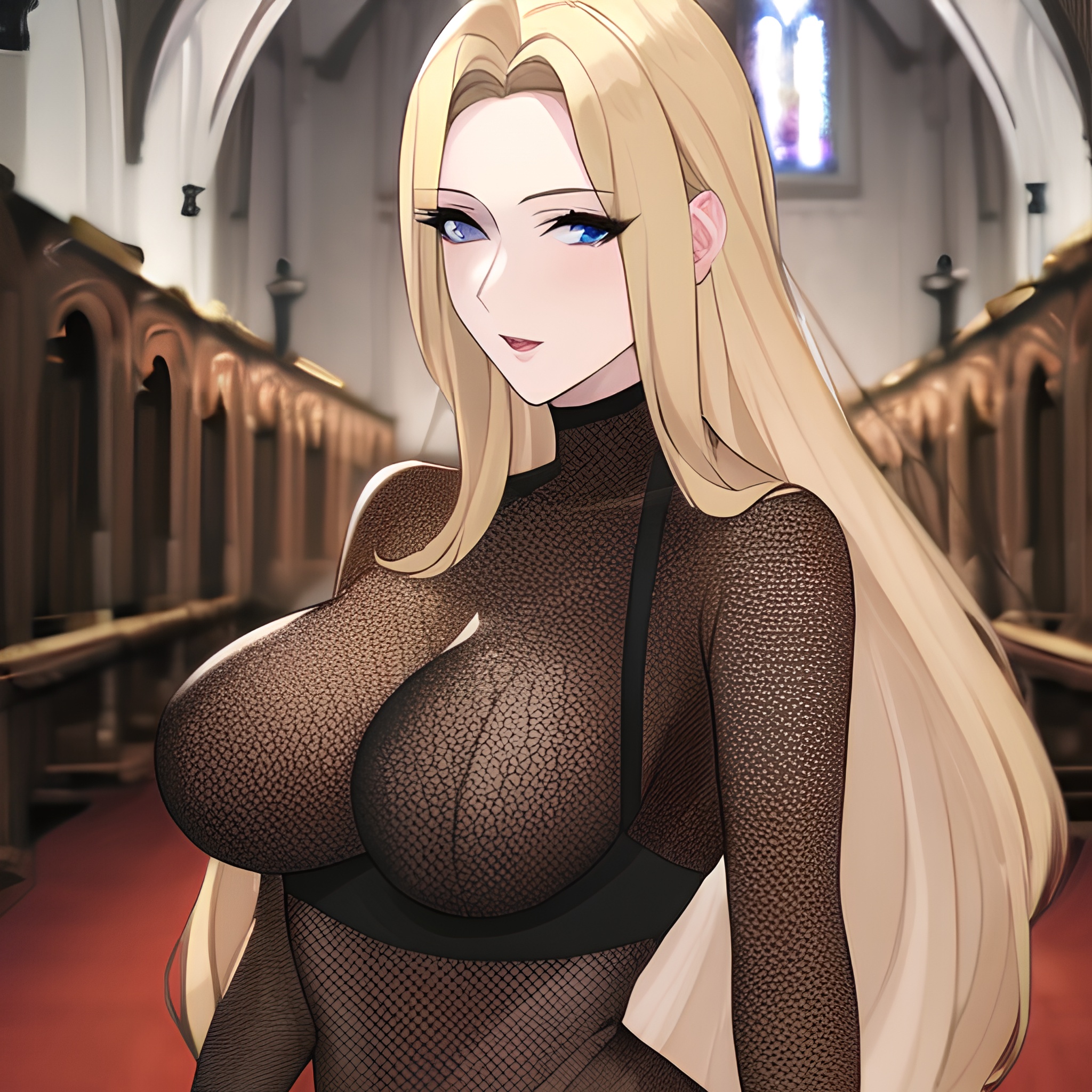 blonde nude front view long hair woman church small boobs fishnet 
