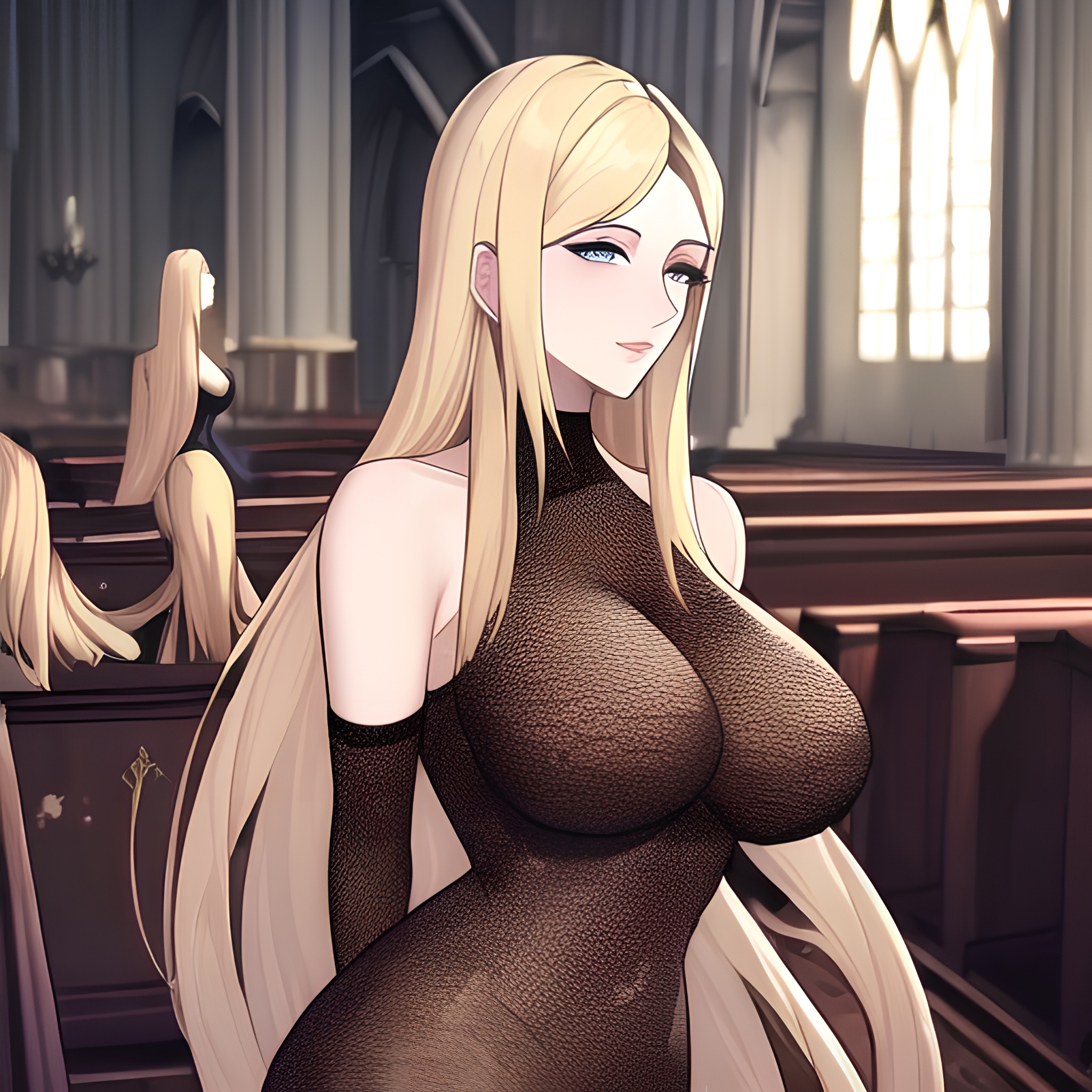 blonde nude long hair small boobs church front view fishnet woman 