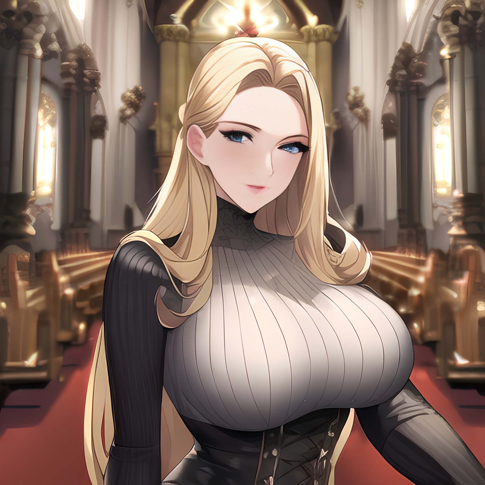 blonde nude long hair small boobs fishnet woman front view church 