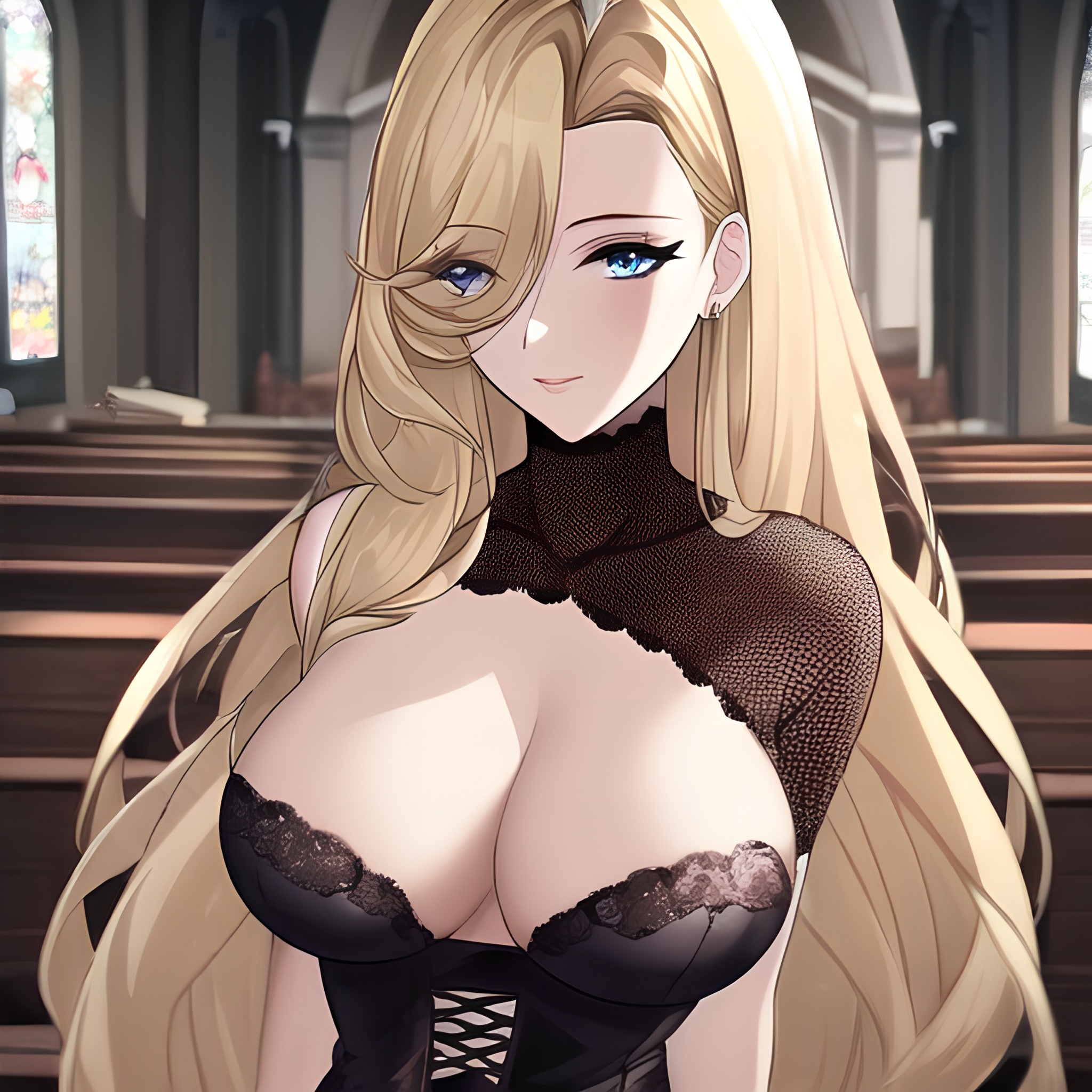 blonde nude long hair woman fishnet church front view small boobs 