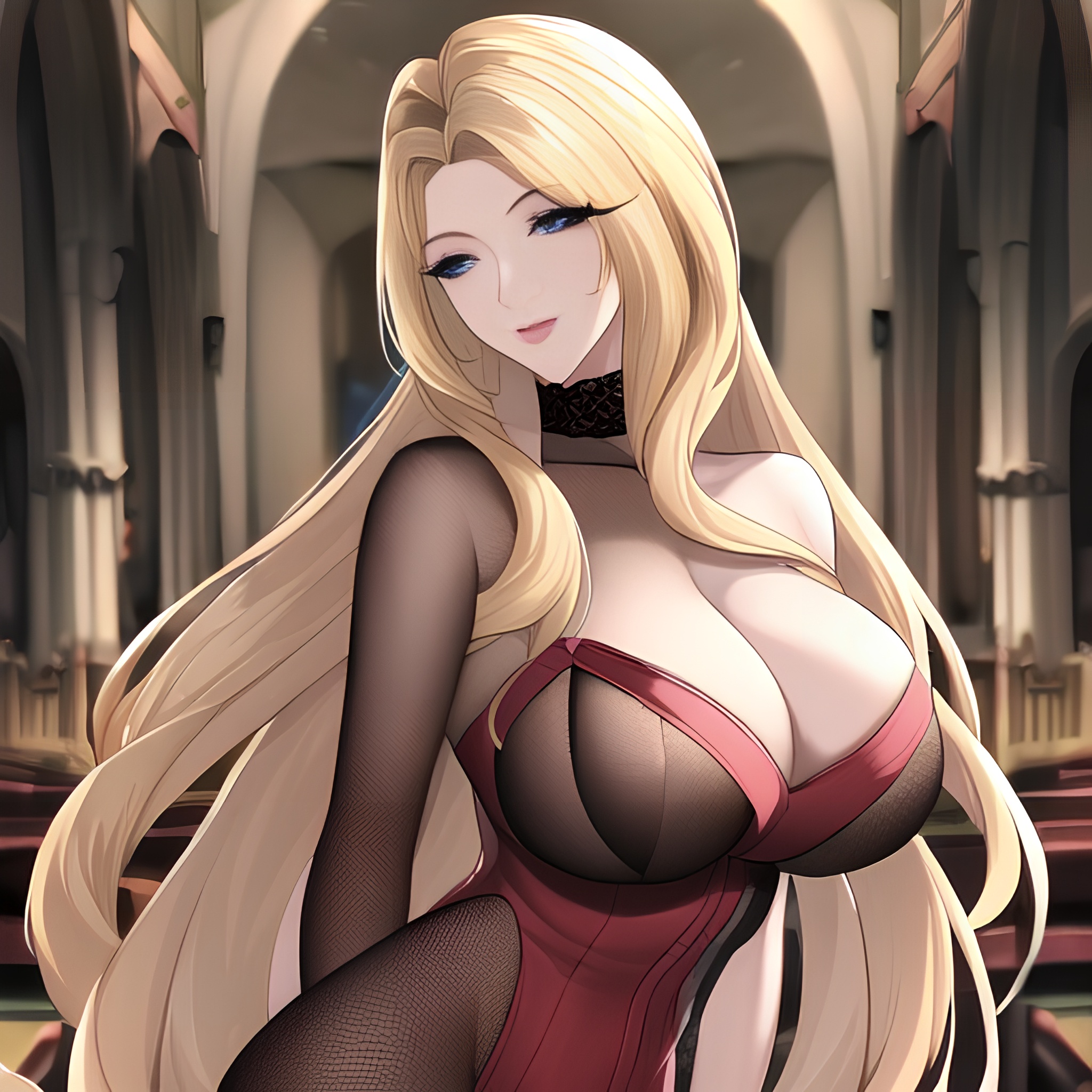 blonde nude small boobs church woman long hair front view fishnet 