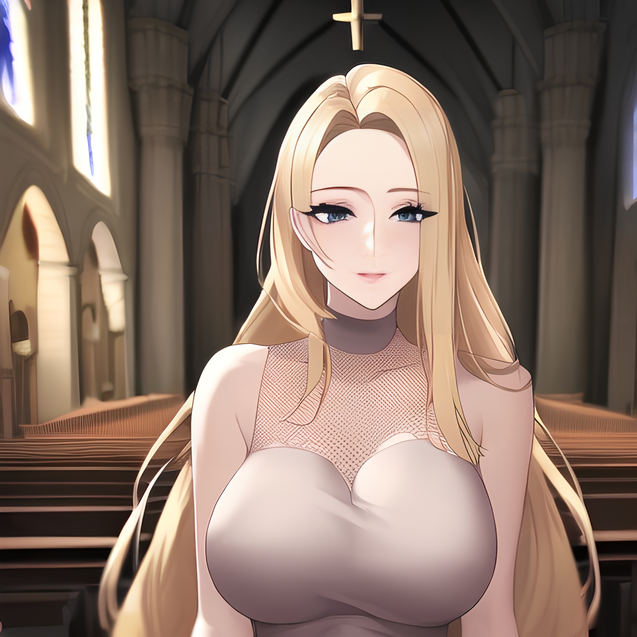 blonde nude small boobs woman church long hair fishnet front view 