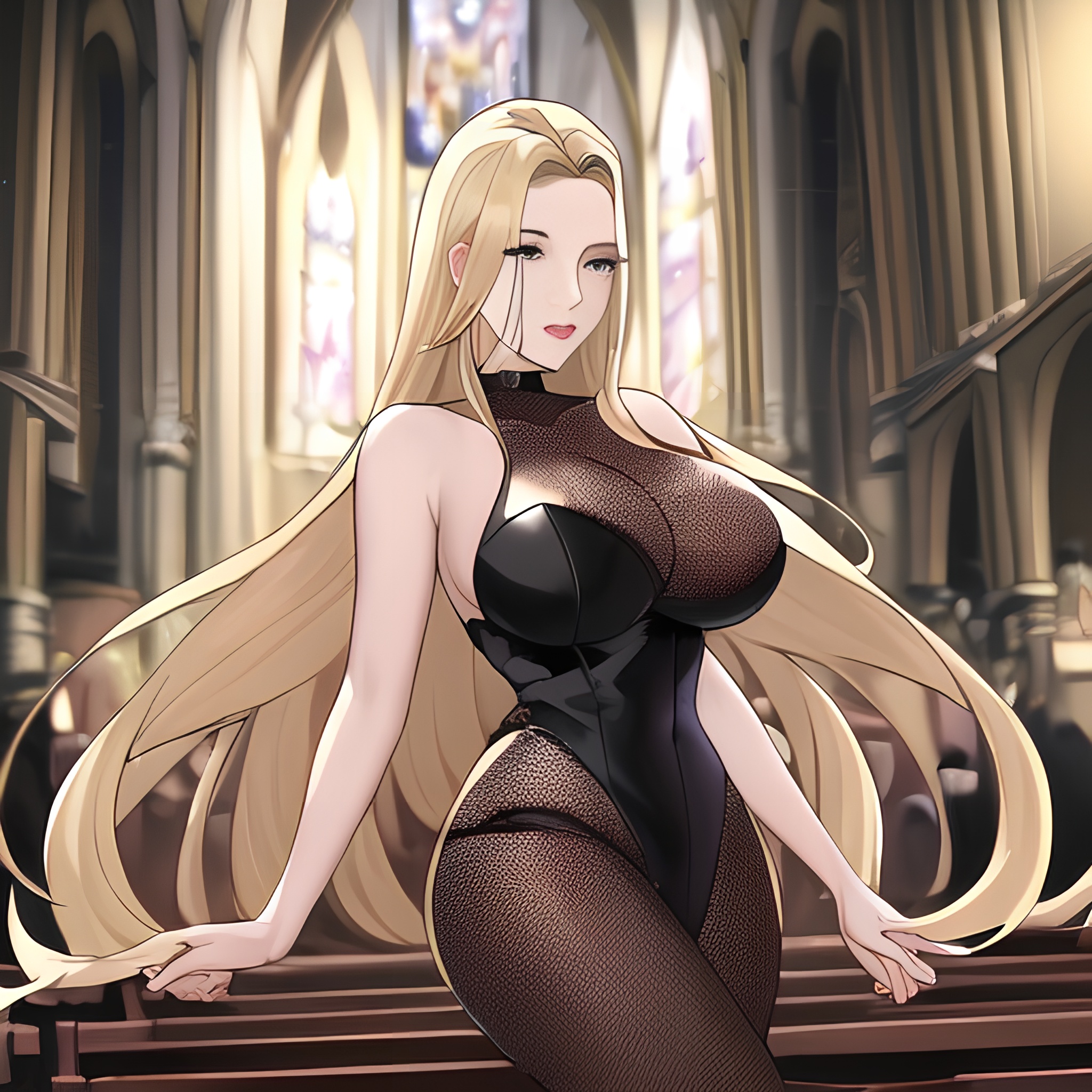 blonde nude woman front view small boobs fishnet church long hair 