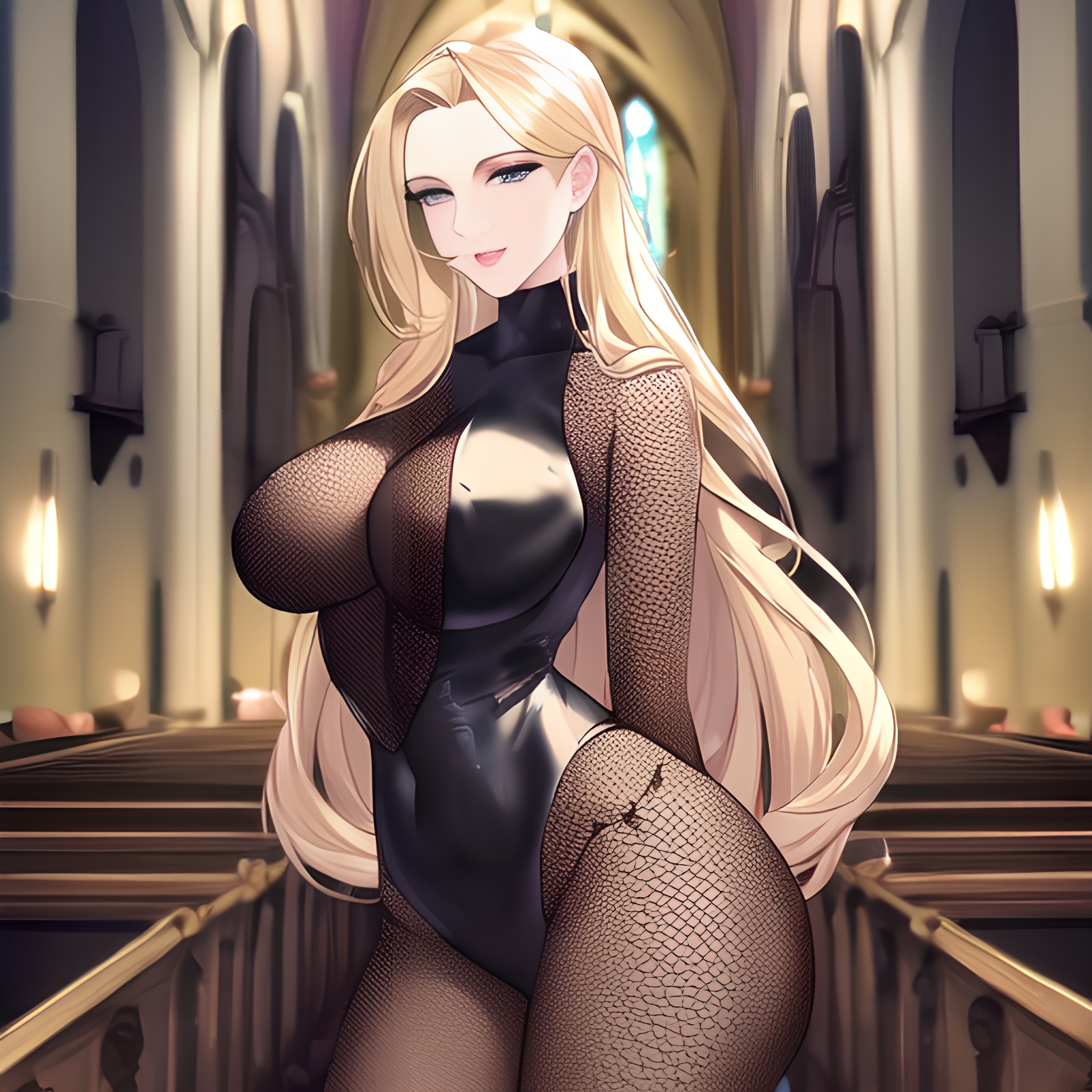 blonde nude woman small boobs fishnet front view church long hair