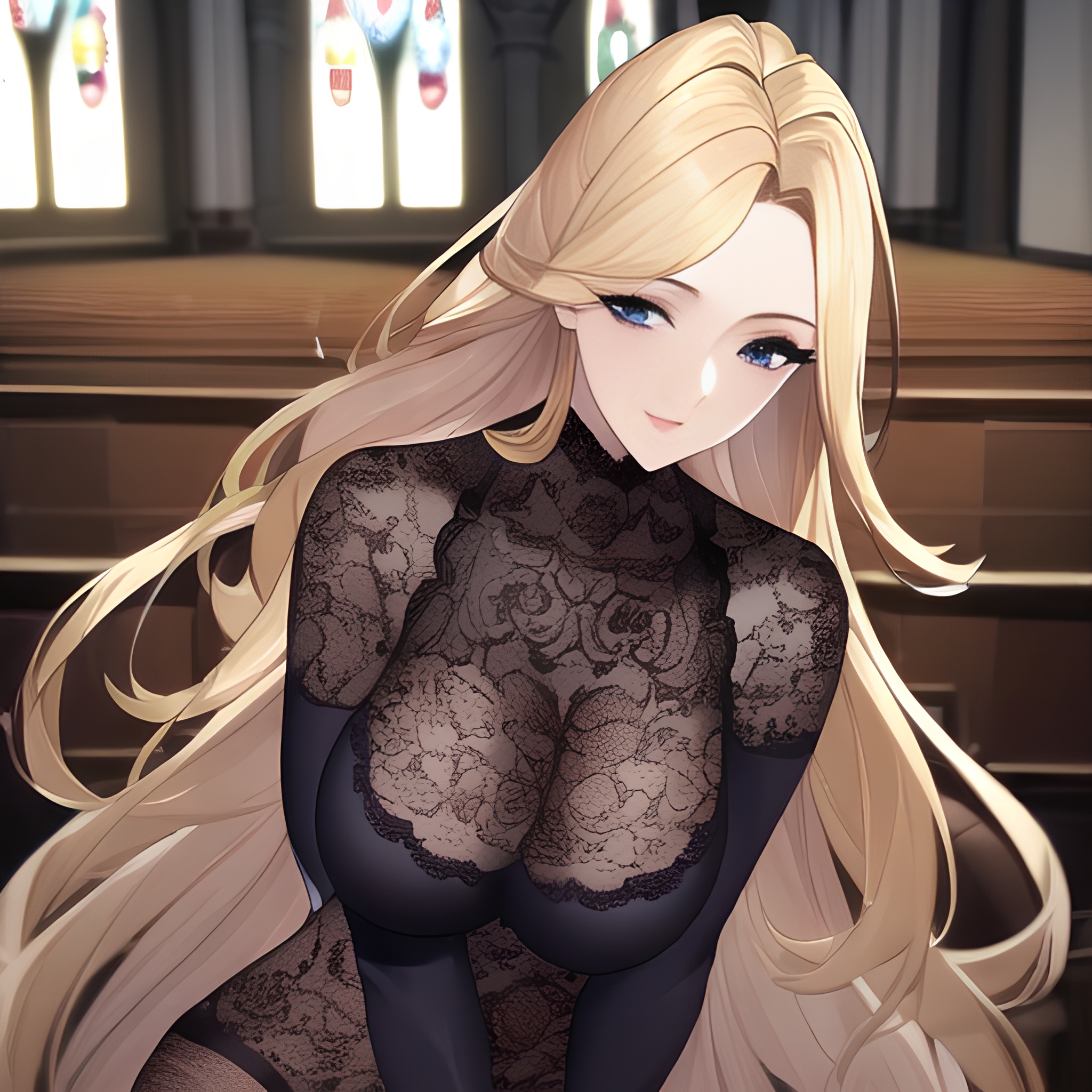 blonde nude woman small boobs front view fishnet long hair church 