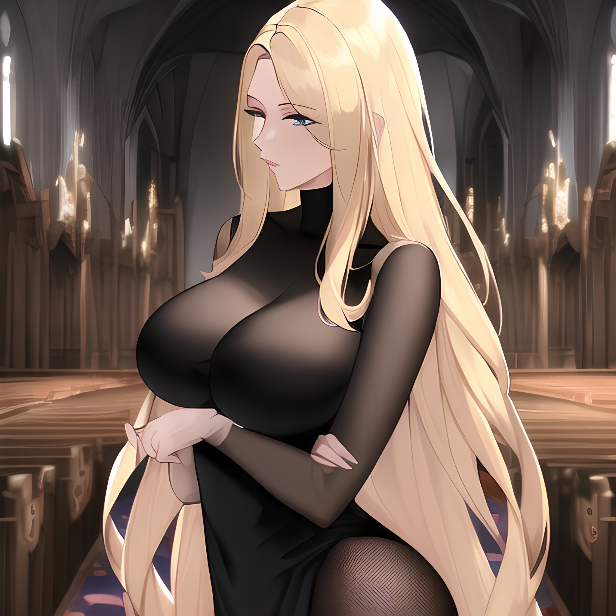 blonde nude woman small boobs long hair front view fishnet church