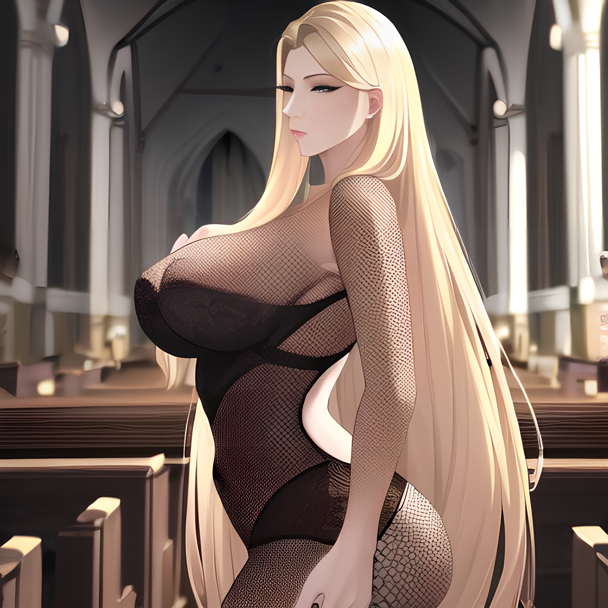 blonde small boobs church fishnet front view nude woman long hair 