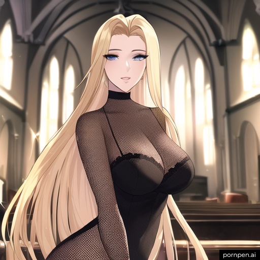 blonde small boobs church front view fishnet woman nude long hair 