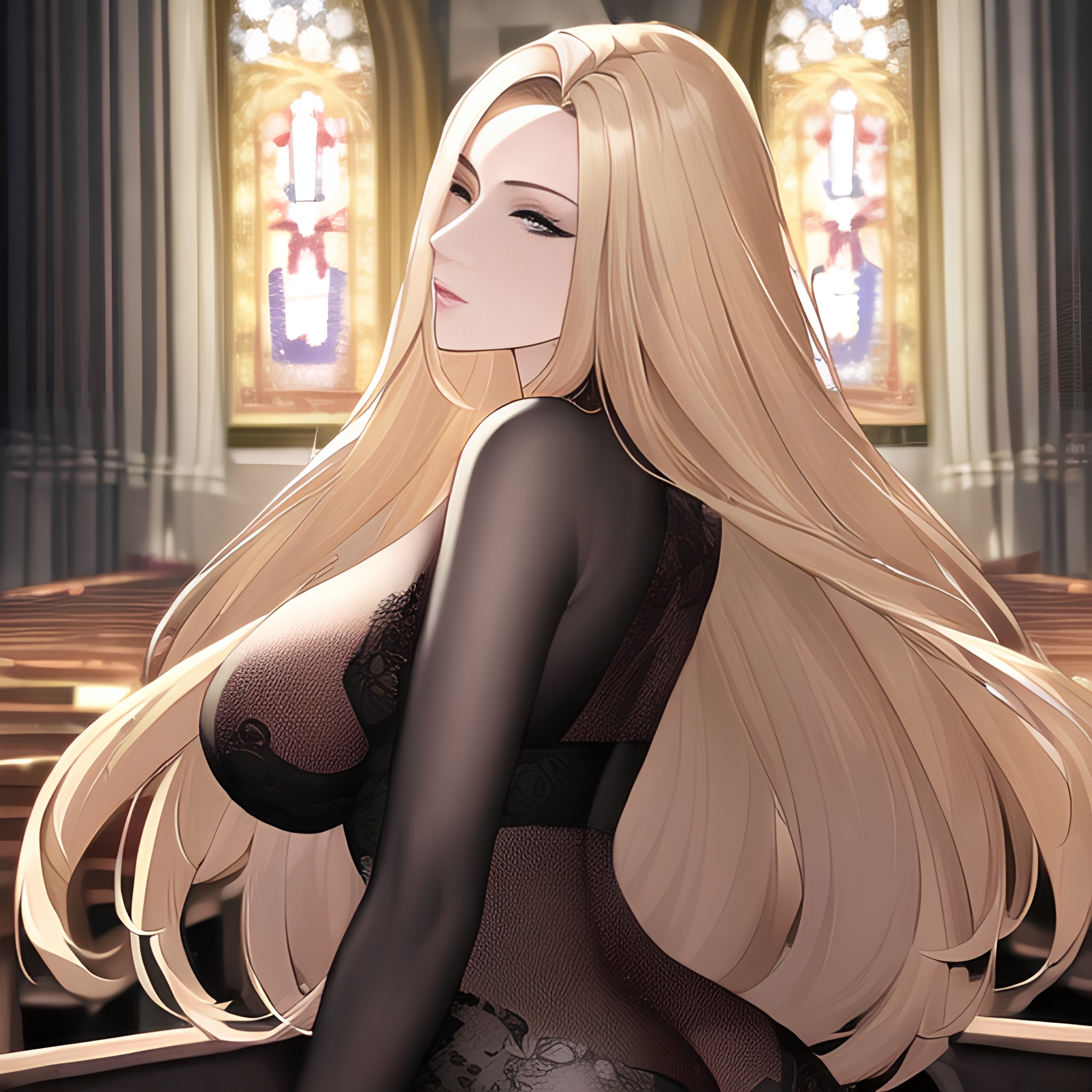 blonde small boobs front view fishnet nude woman long hair church