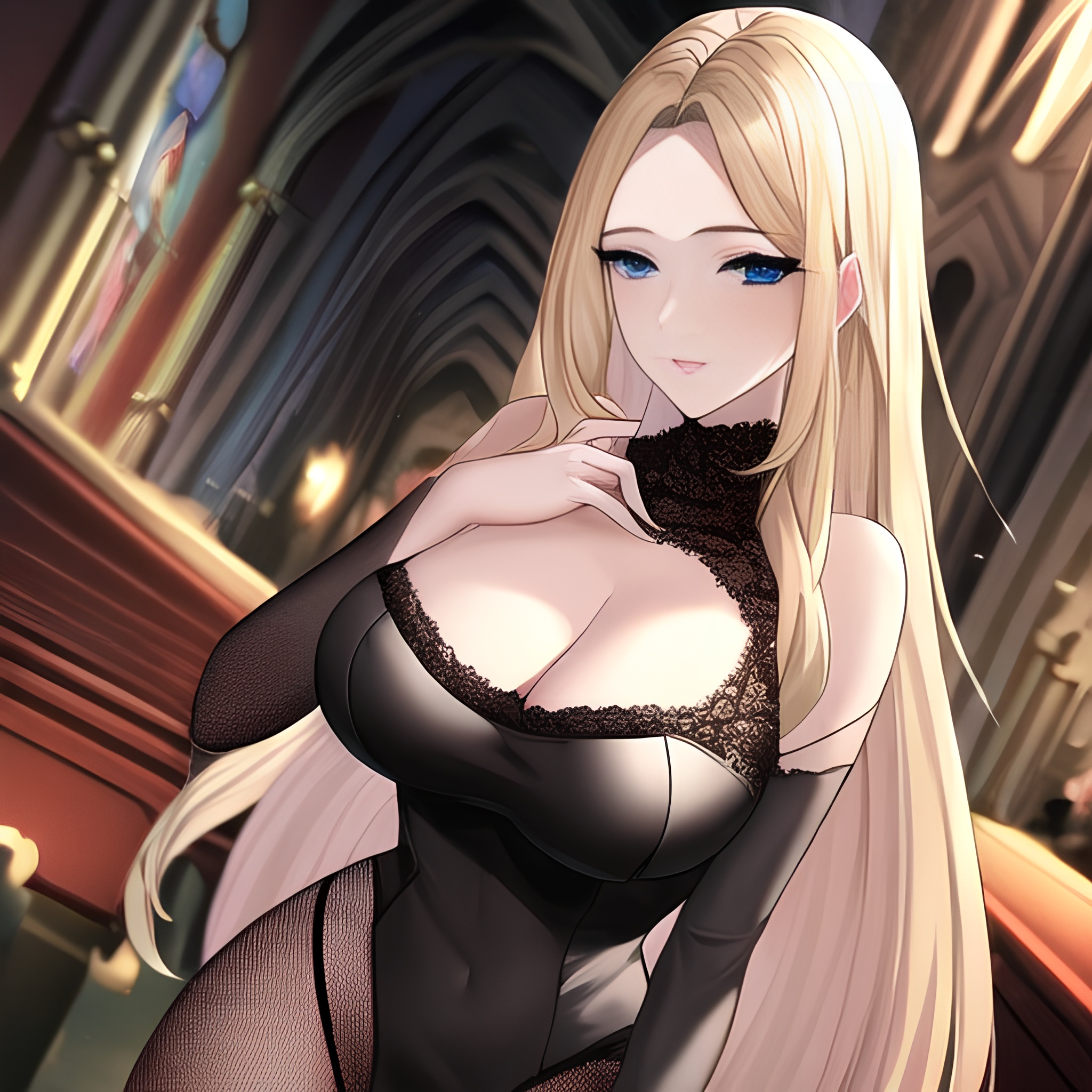 blonde small boobs front view nude church fishnet long hair woman 