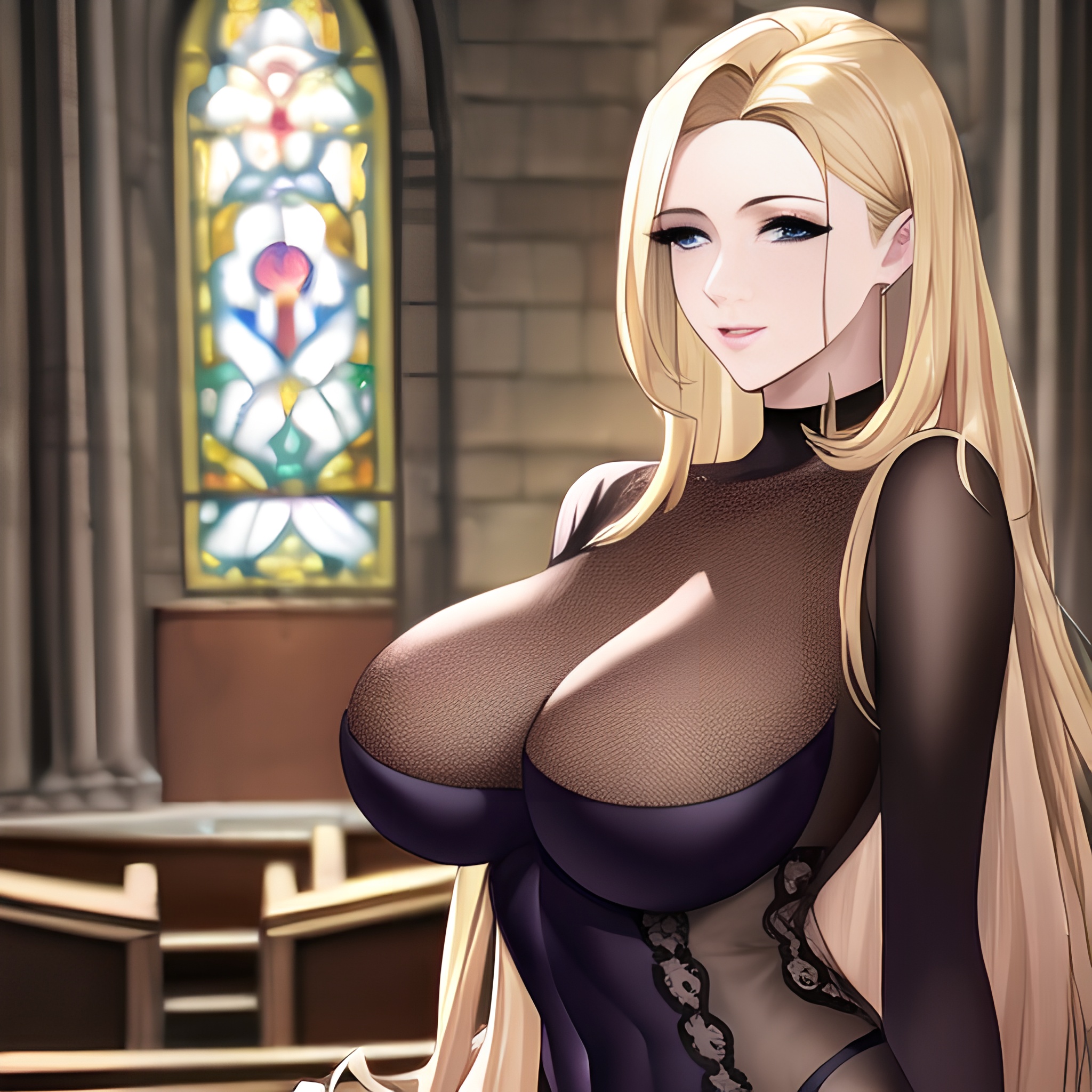 blonde small boobs long hair church nude fishnet woman front view 