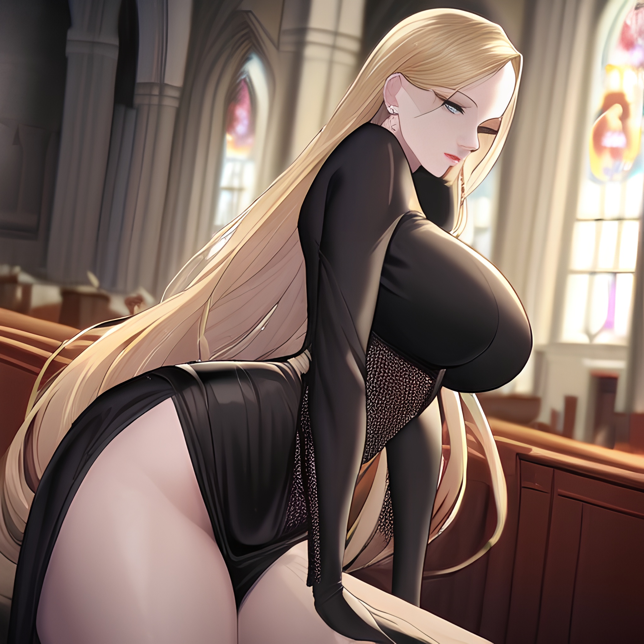 blonde small boobs nude long hair church front view woman fishnet 