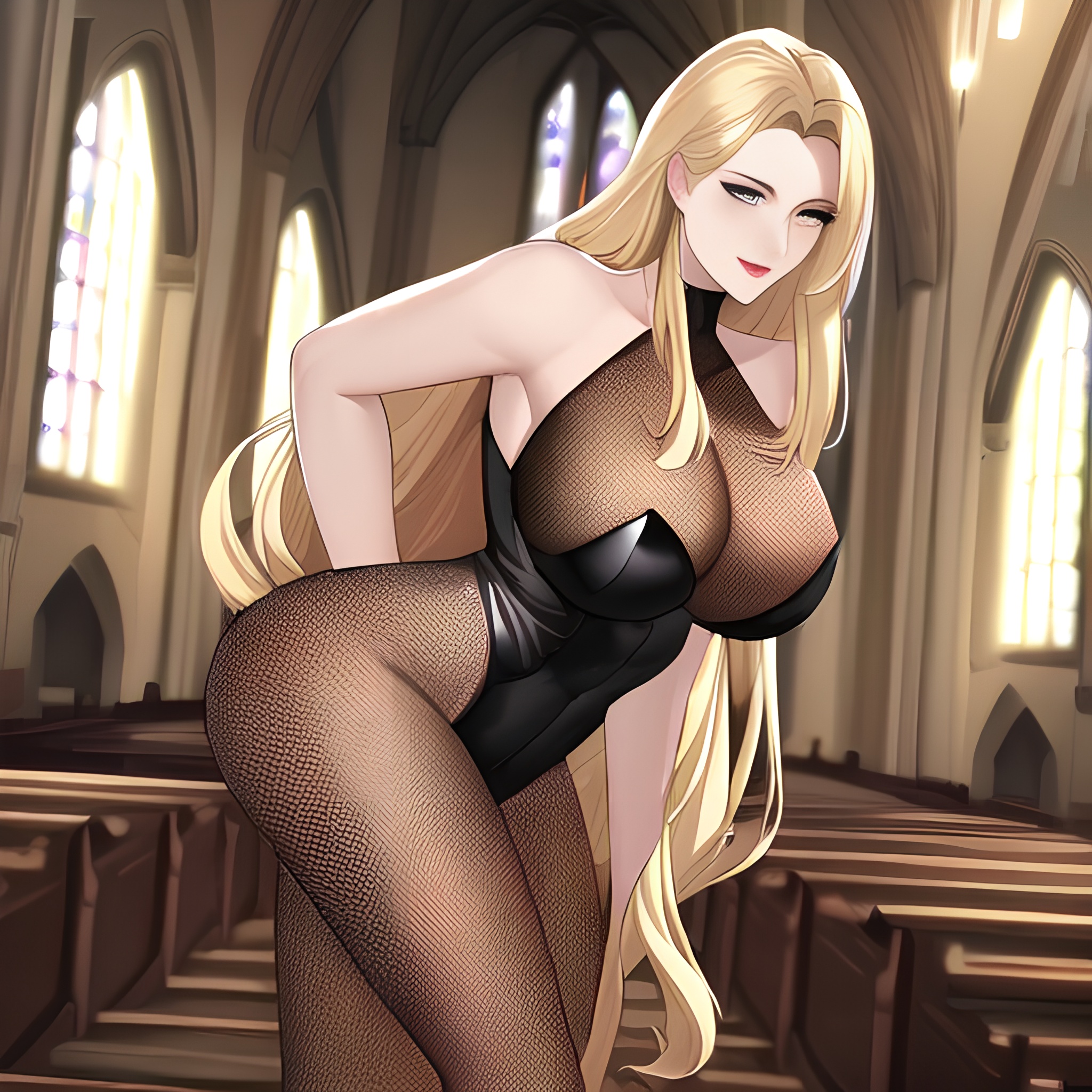 blonde small boobs woman church fishnet front view nude long hair 