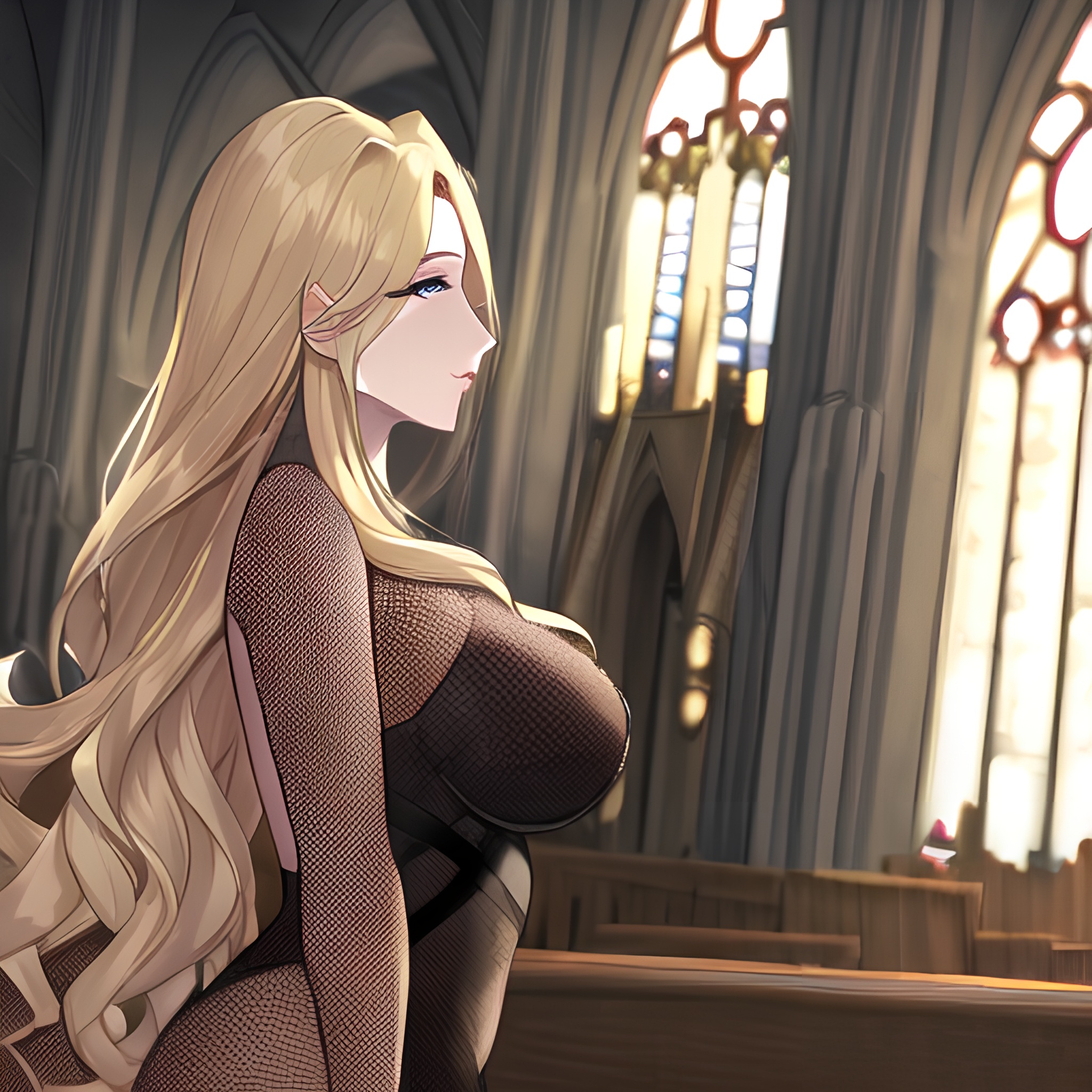 blonde small boobs woman church nude fishnet long hair front view 