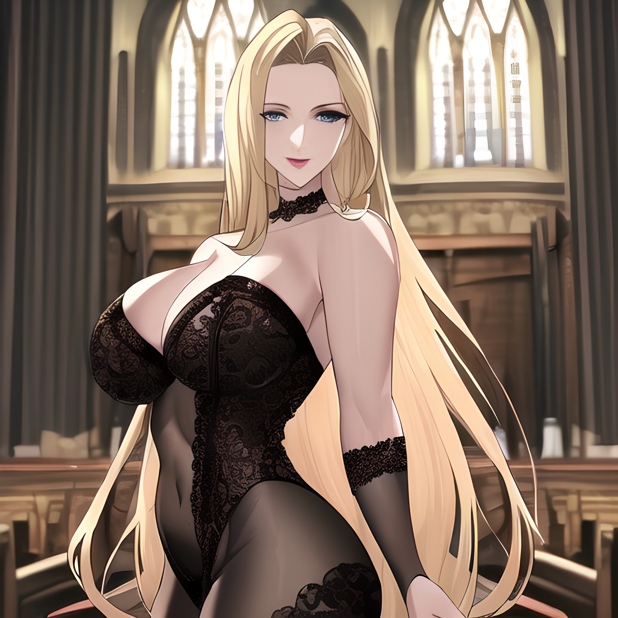 blonde small boobs woman front view nude church long hair fishnet
