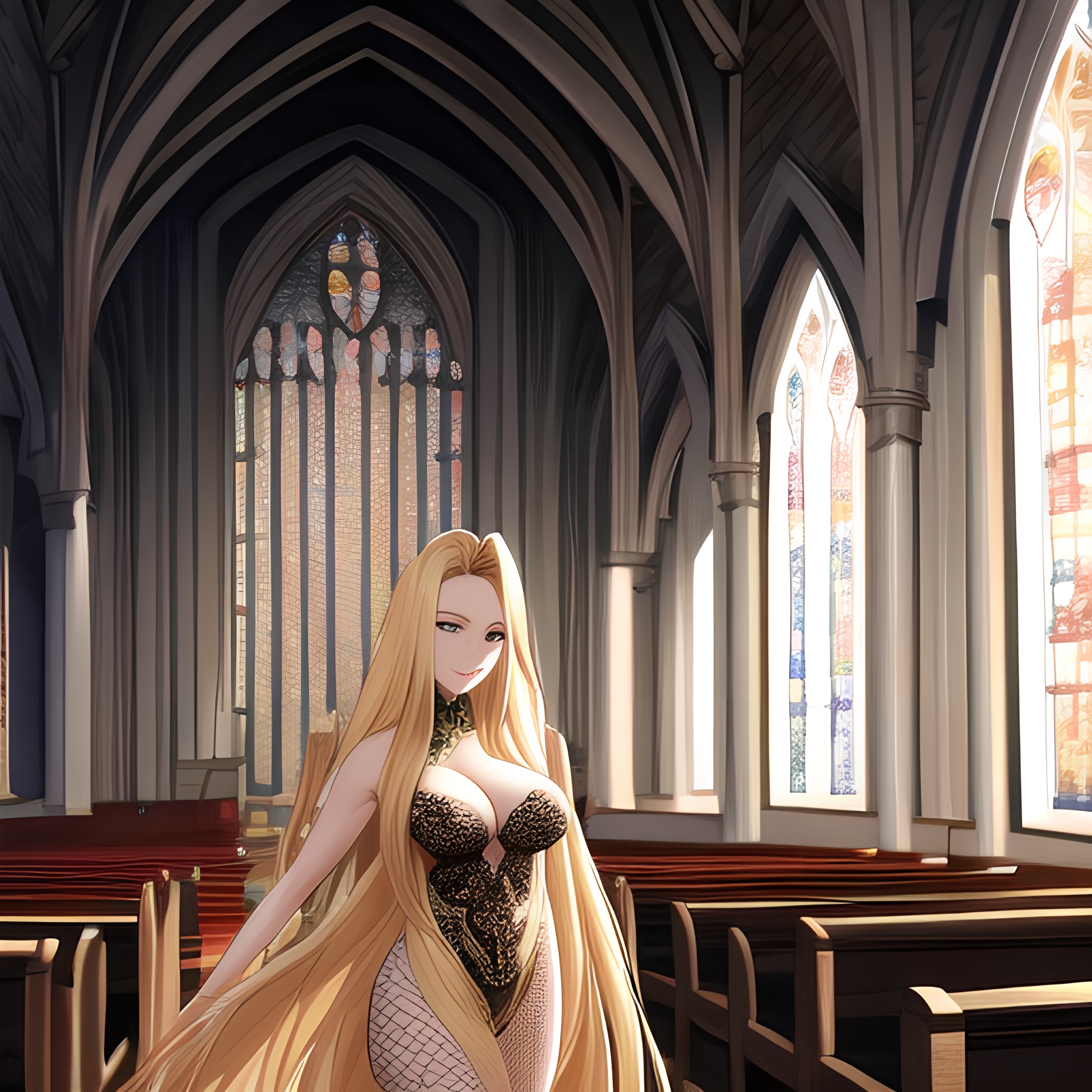 blonde woman church fishnet long hair 