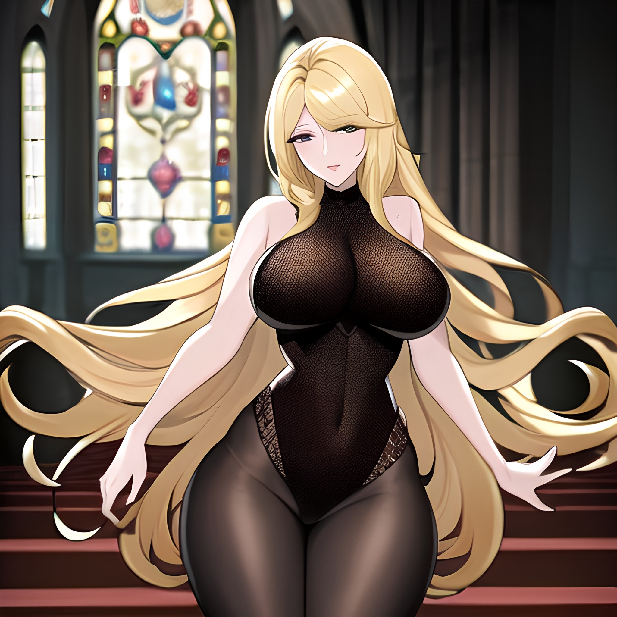 blonde woman church fishnet long hair 