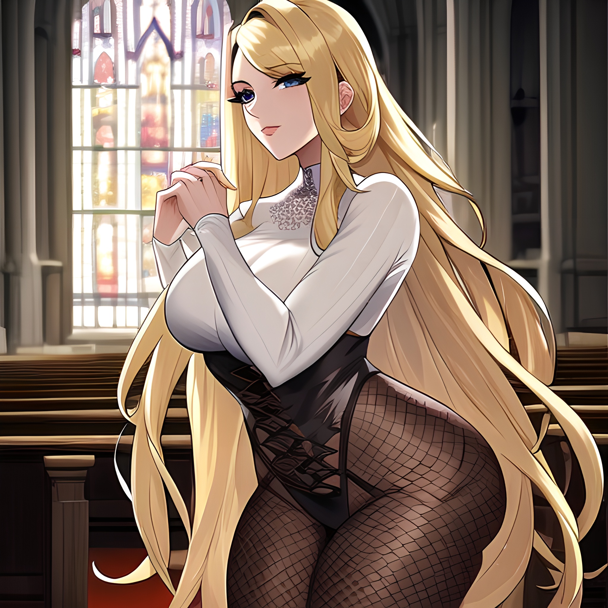 blonde woman church fishnet long hair 