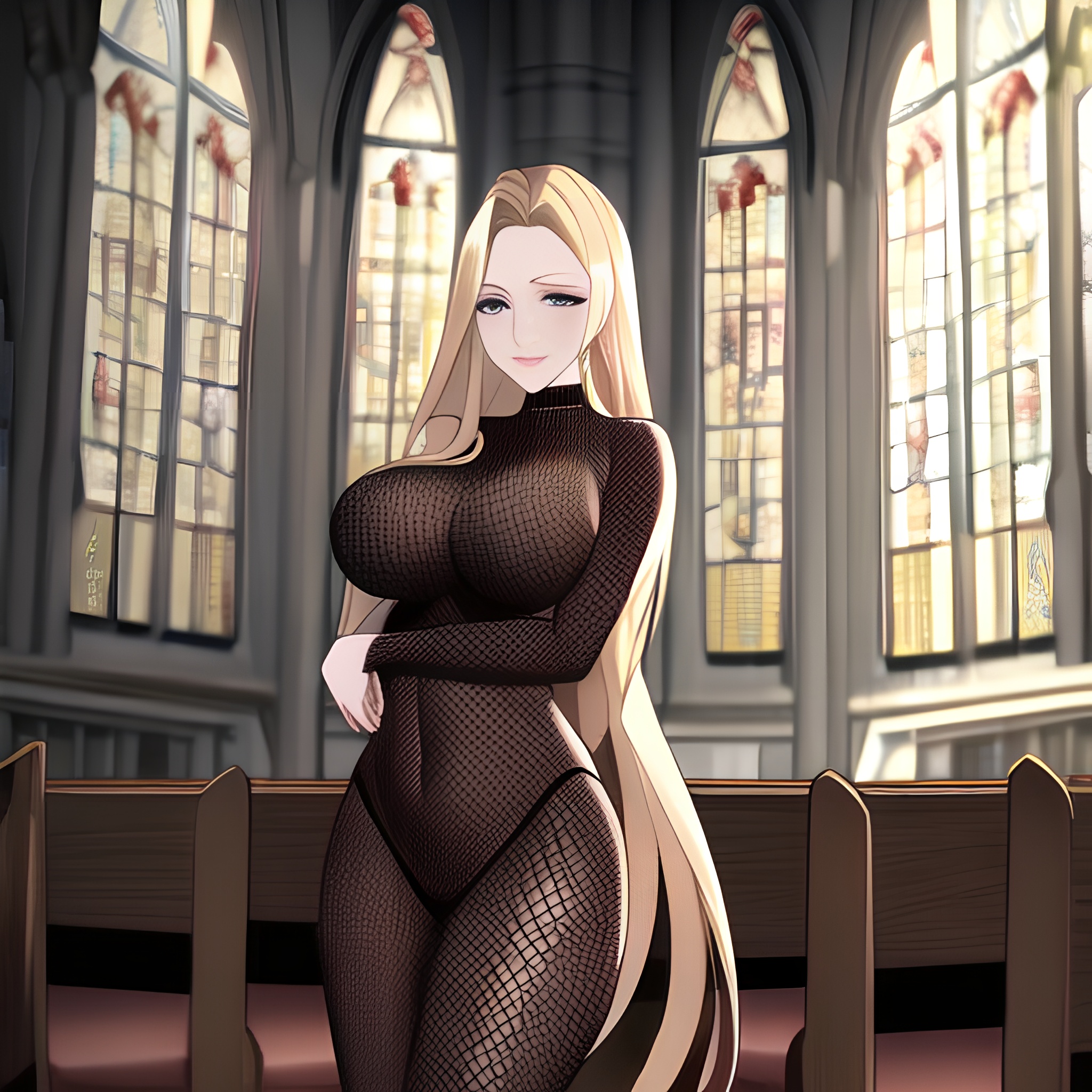 blonde woman church long hair fishnet 