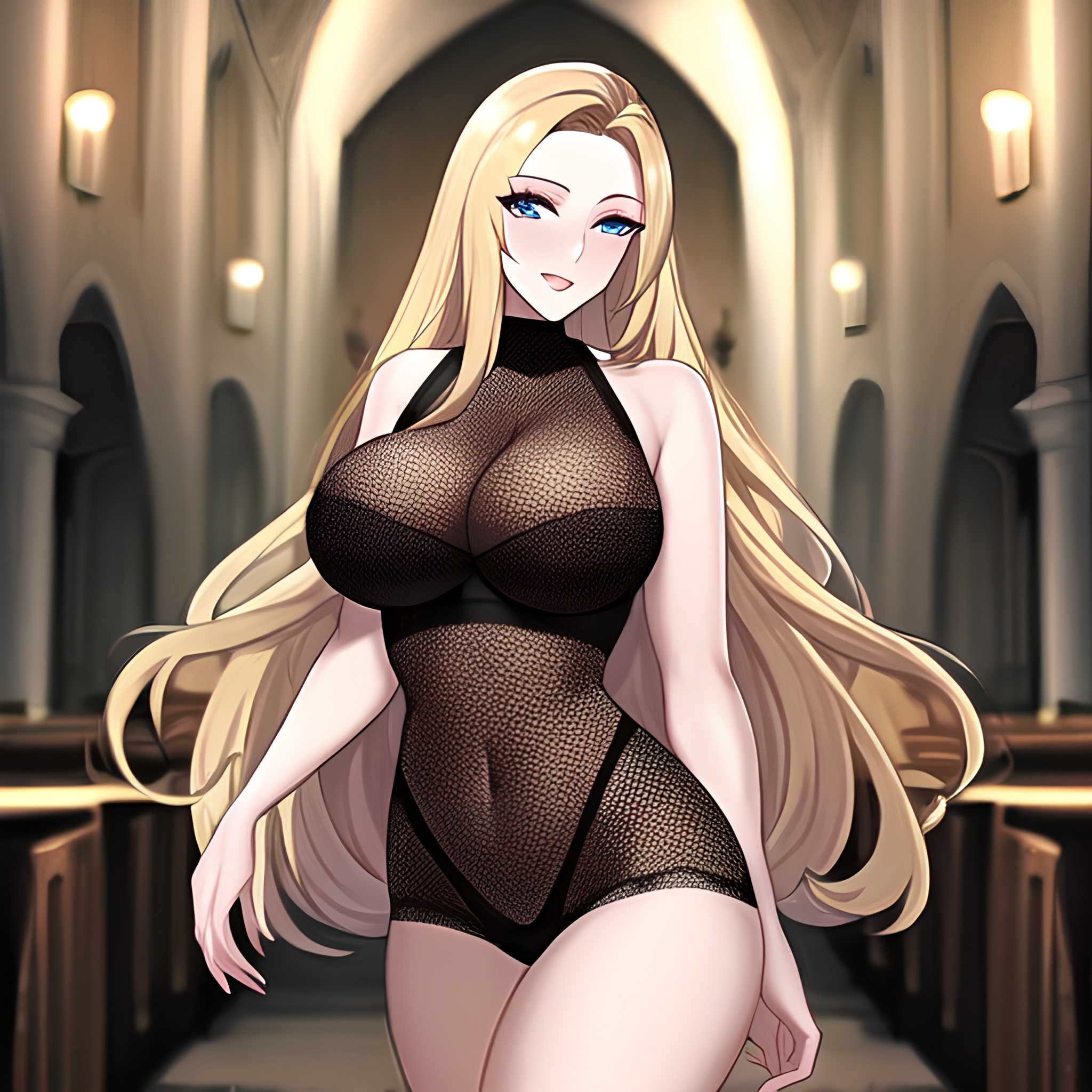 blonde woman church long hair fishnet 