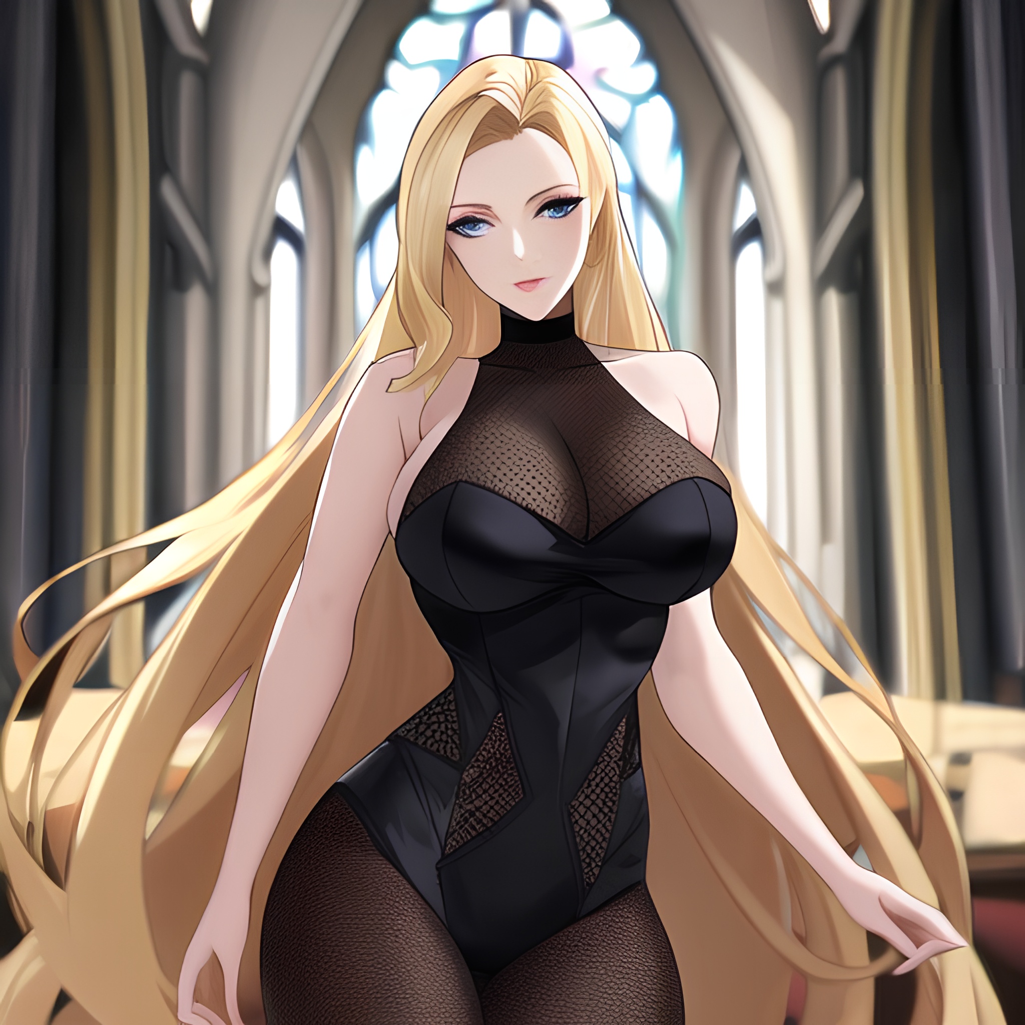 blonde woman church long hair fishnet