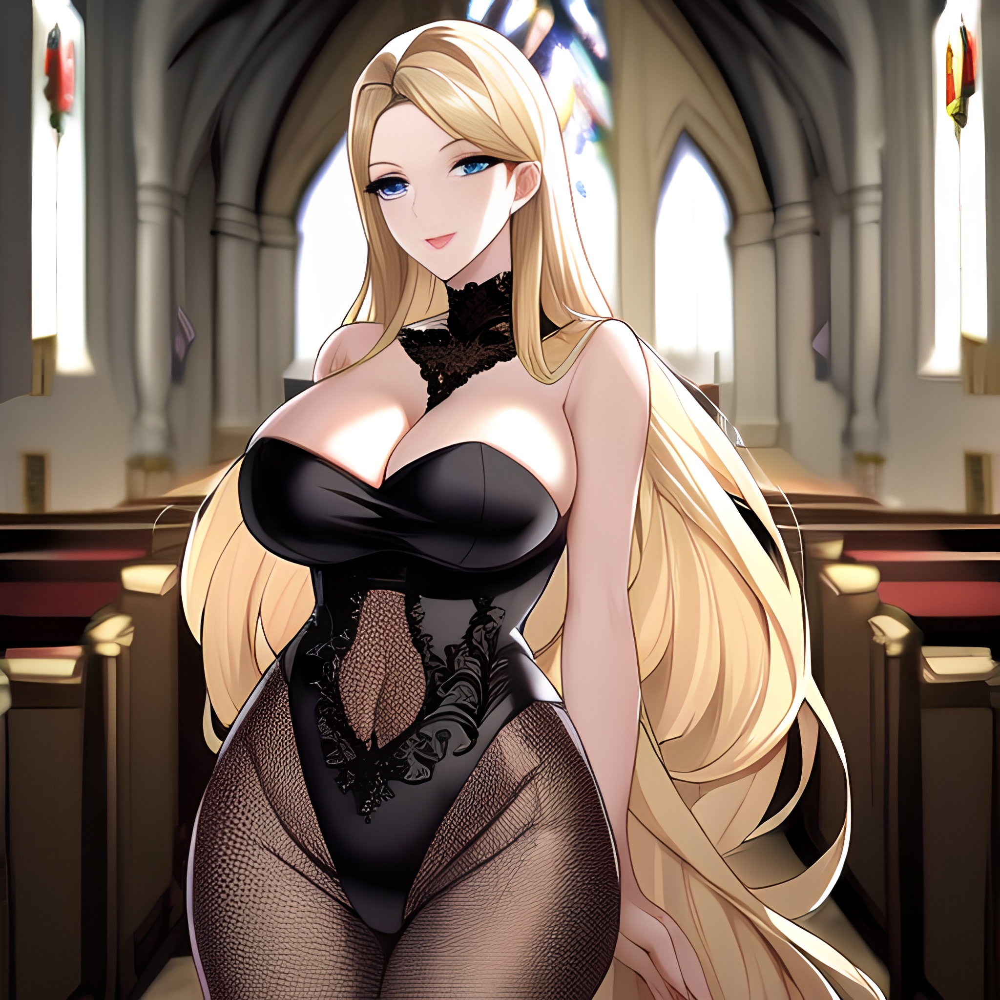 blonde woman church long hair fishnet 