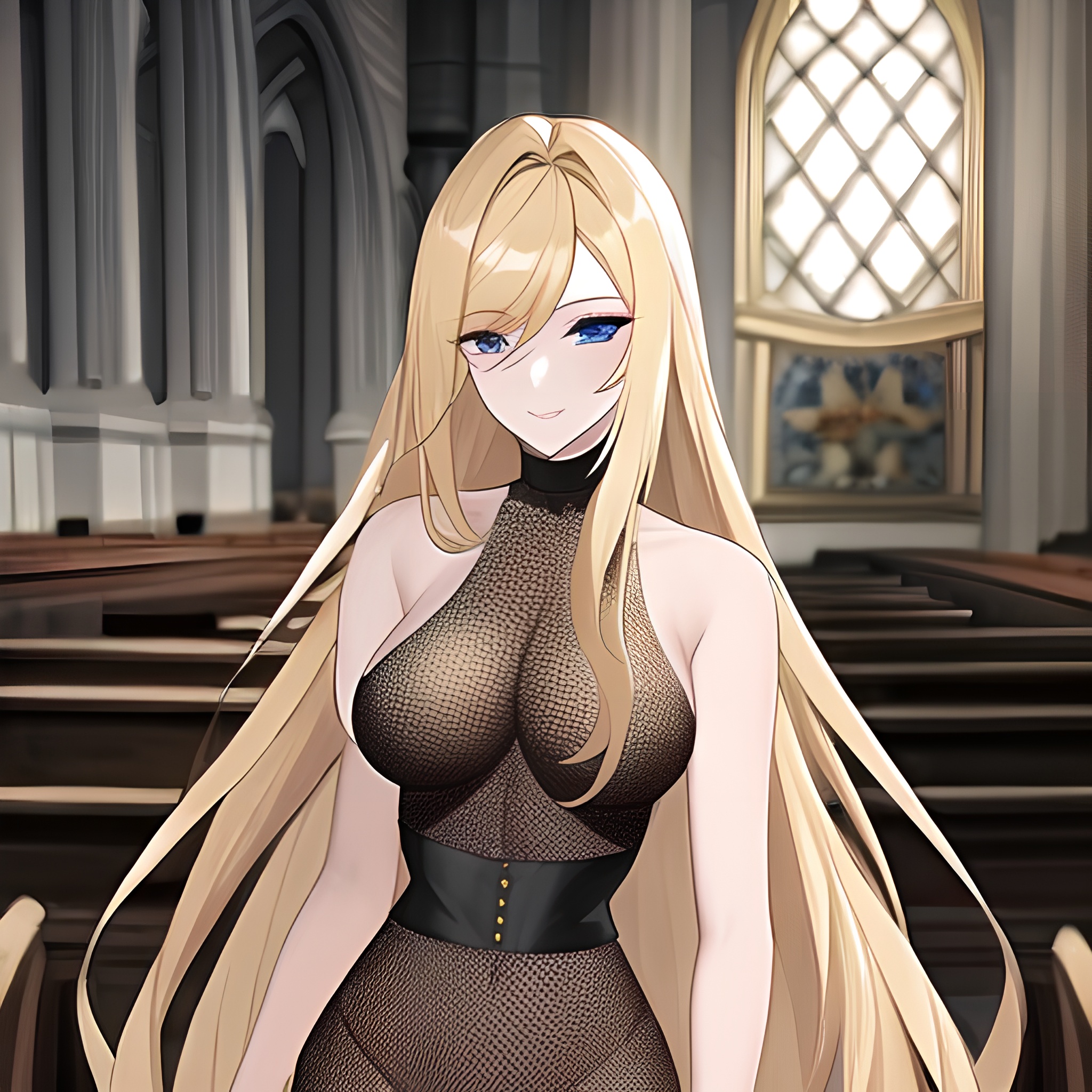 blonde woman church long hair fishnet 
