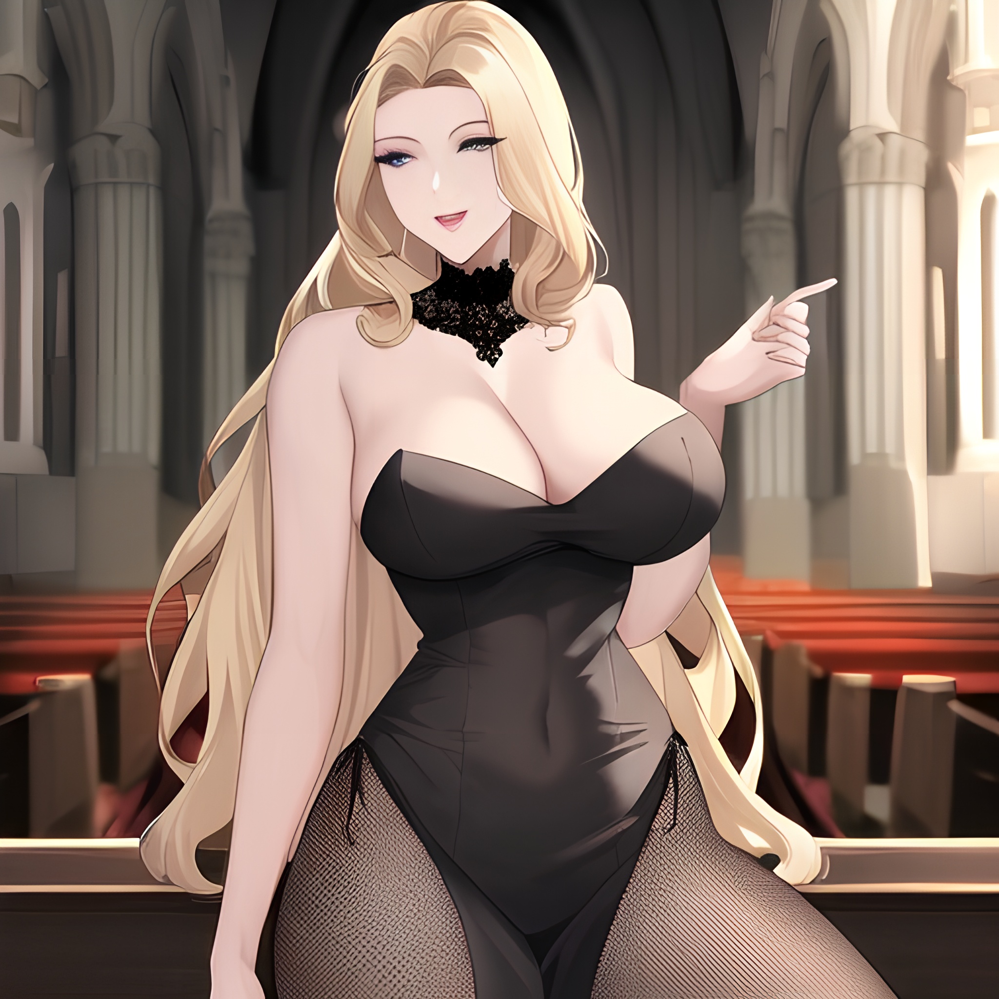 blonde woman church small boobs front view long hair fishnet nude 