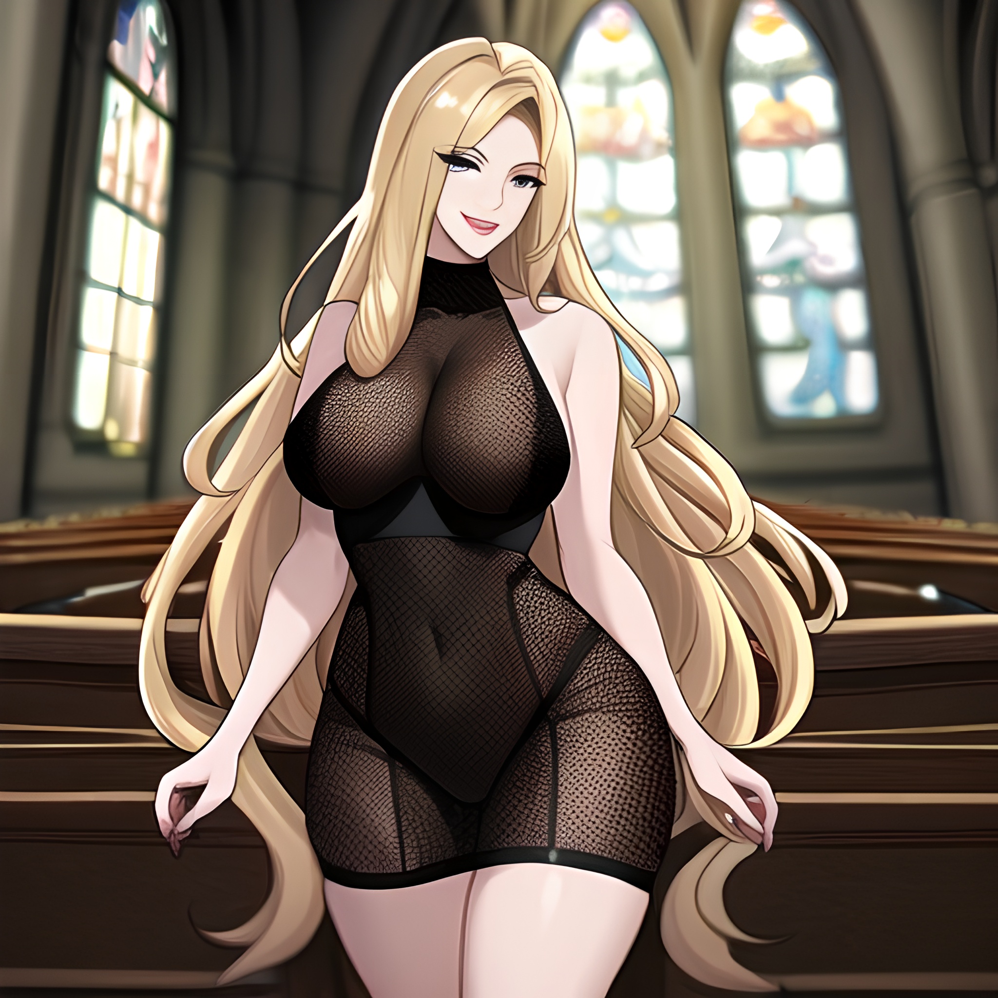 blonde woman fishnet church long hair 