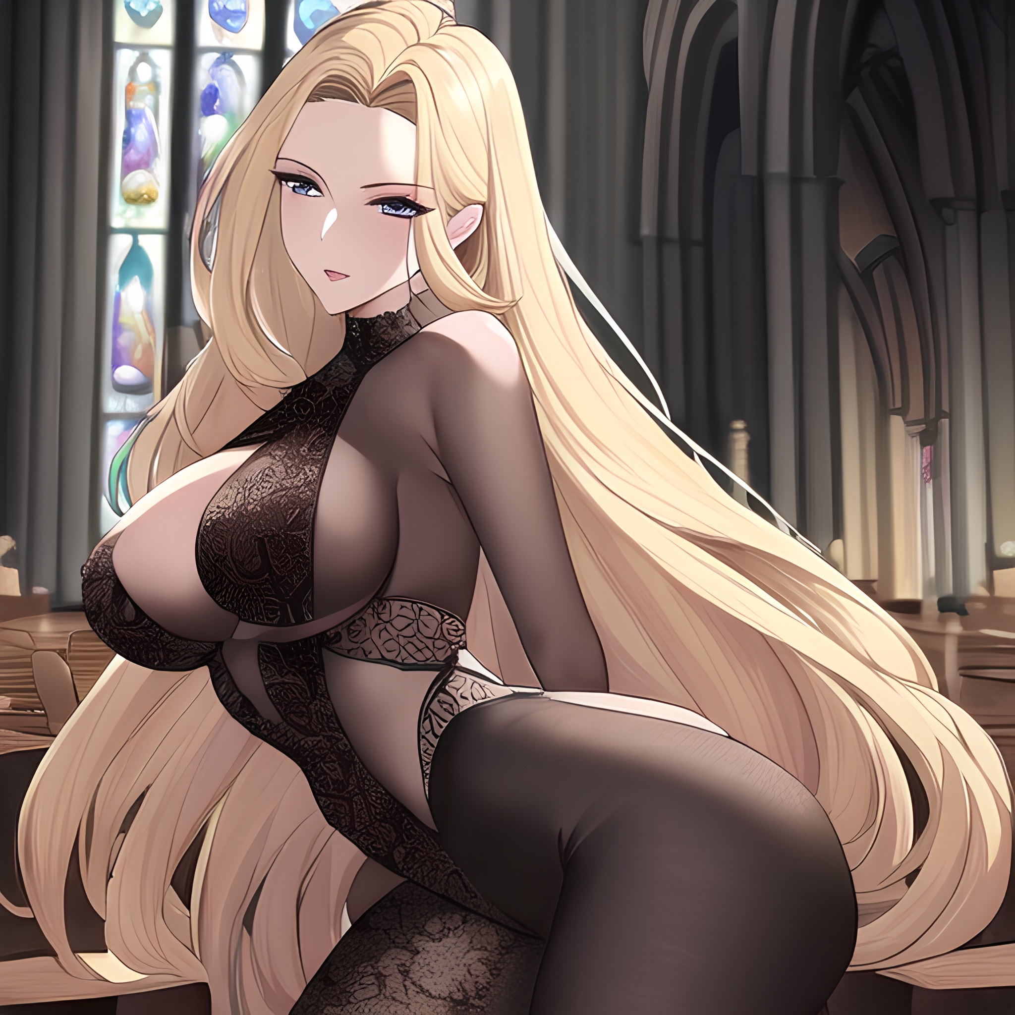 blonde woman fishnet church long hair front view nude small boobs 