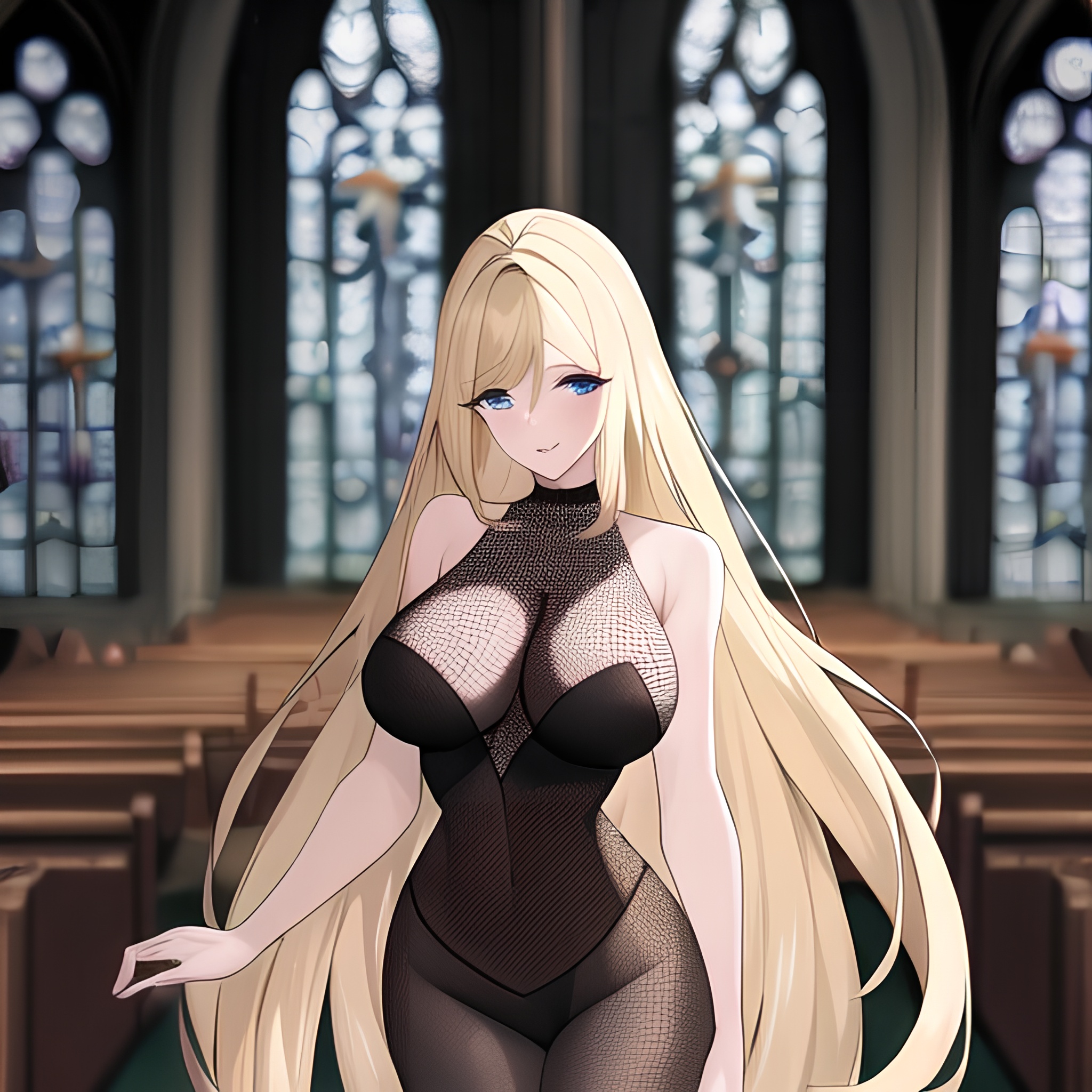 blonde woman fishnet church long hair 