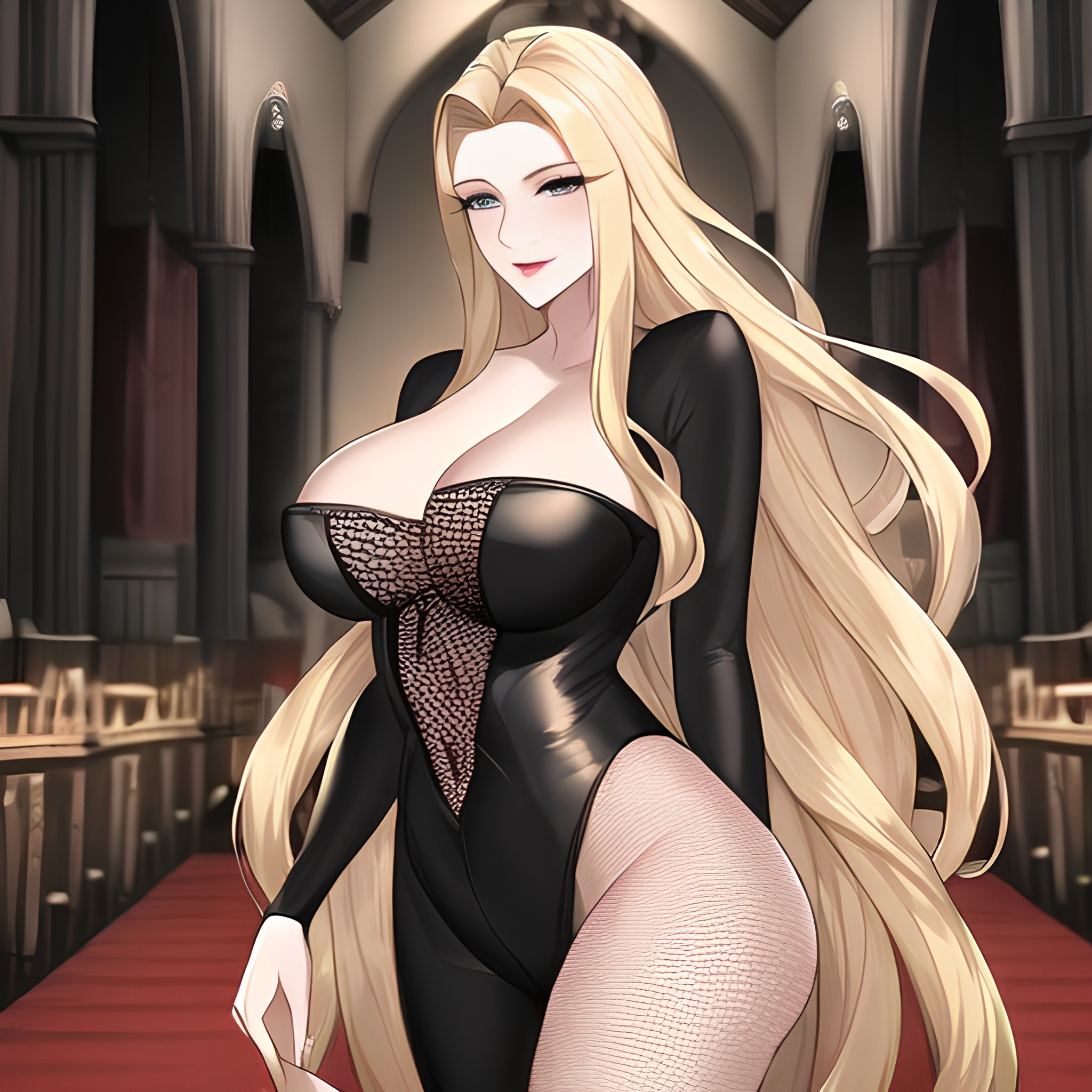 blonde woman fishnet church nude small boobs front view long hair 