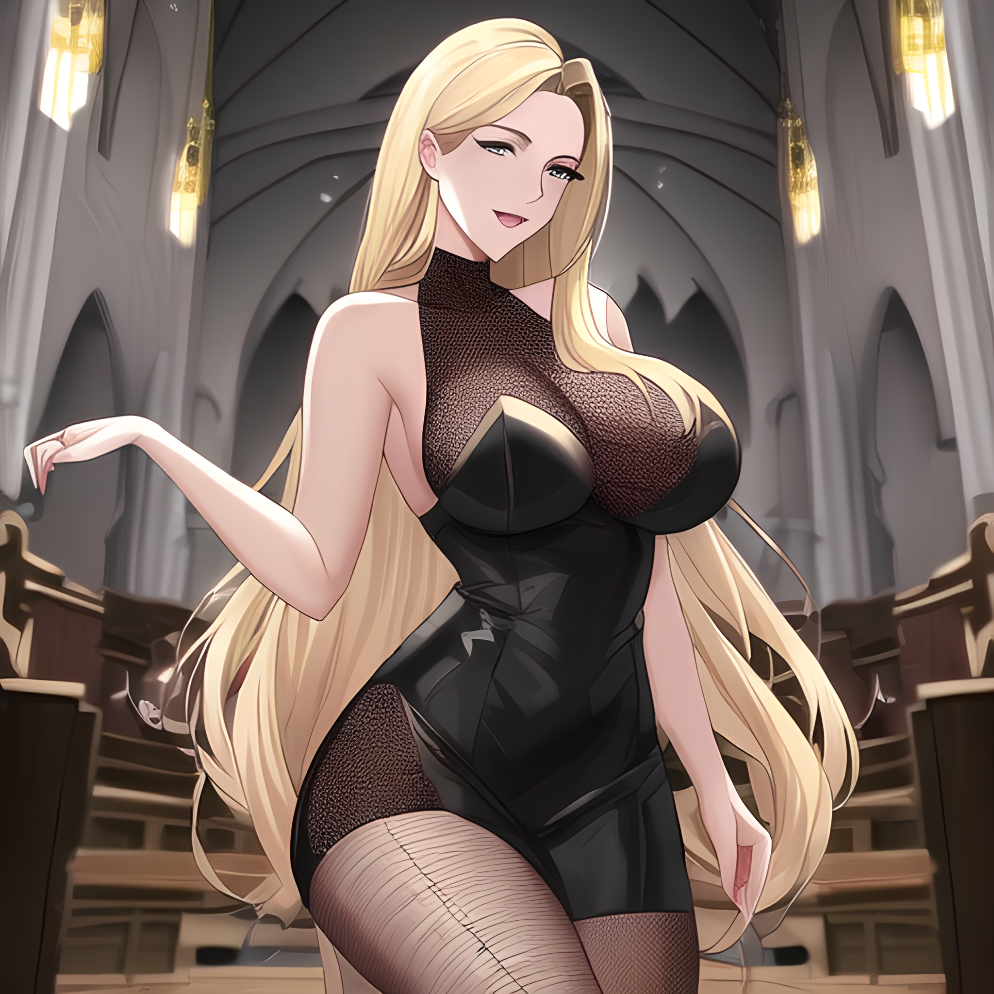 blonde woman fishnet church nude small boobs long hair front view 