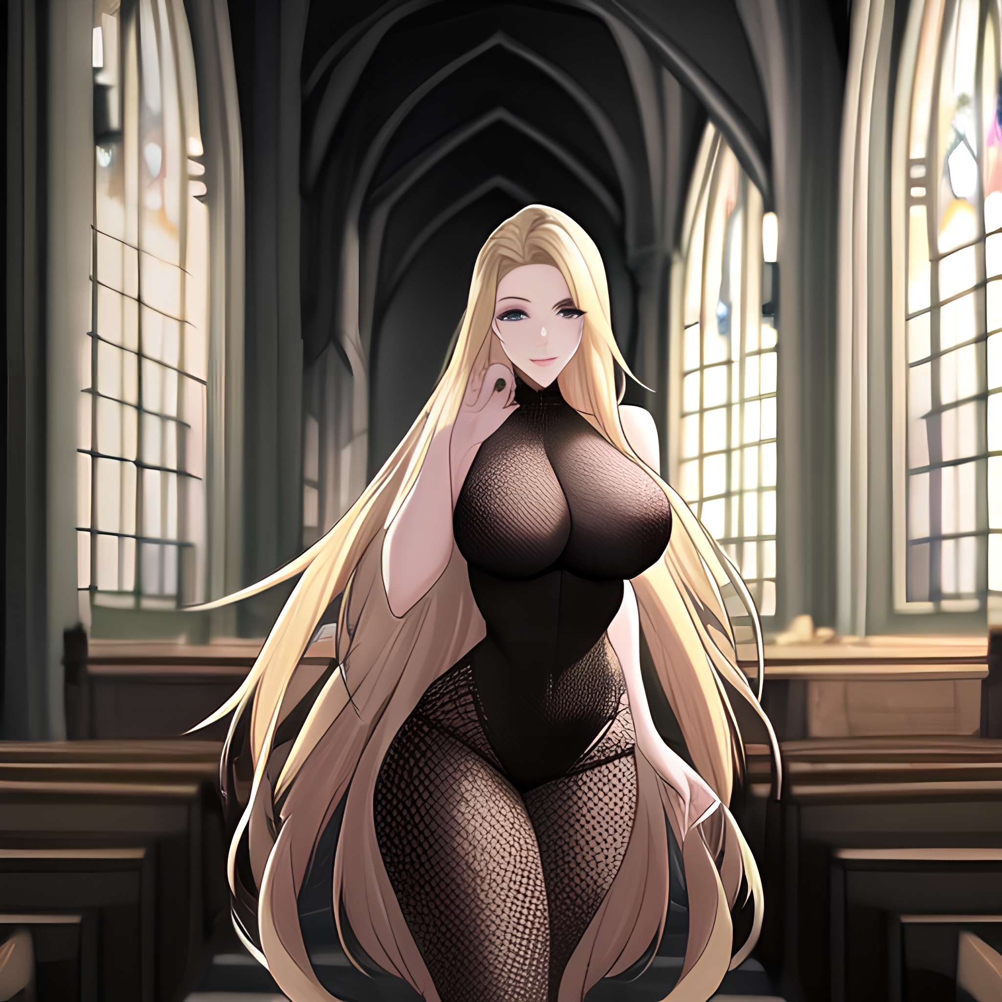 blonde woman fishnet long hair church 