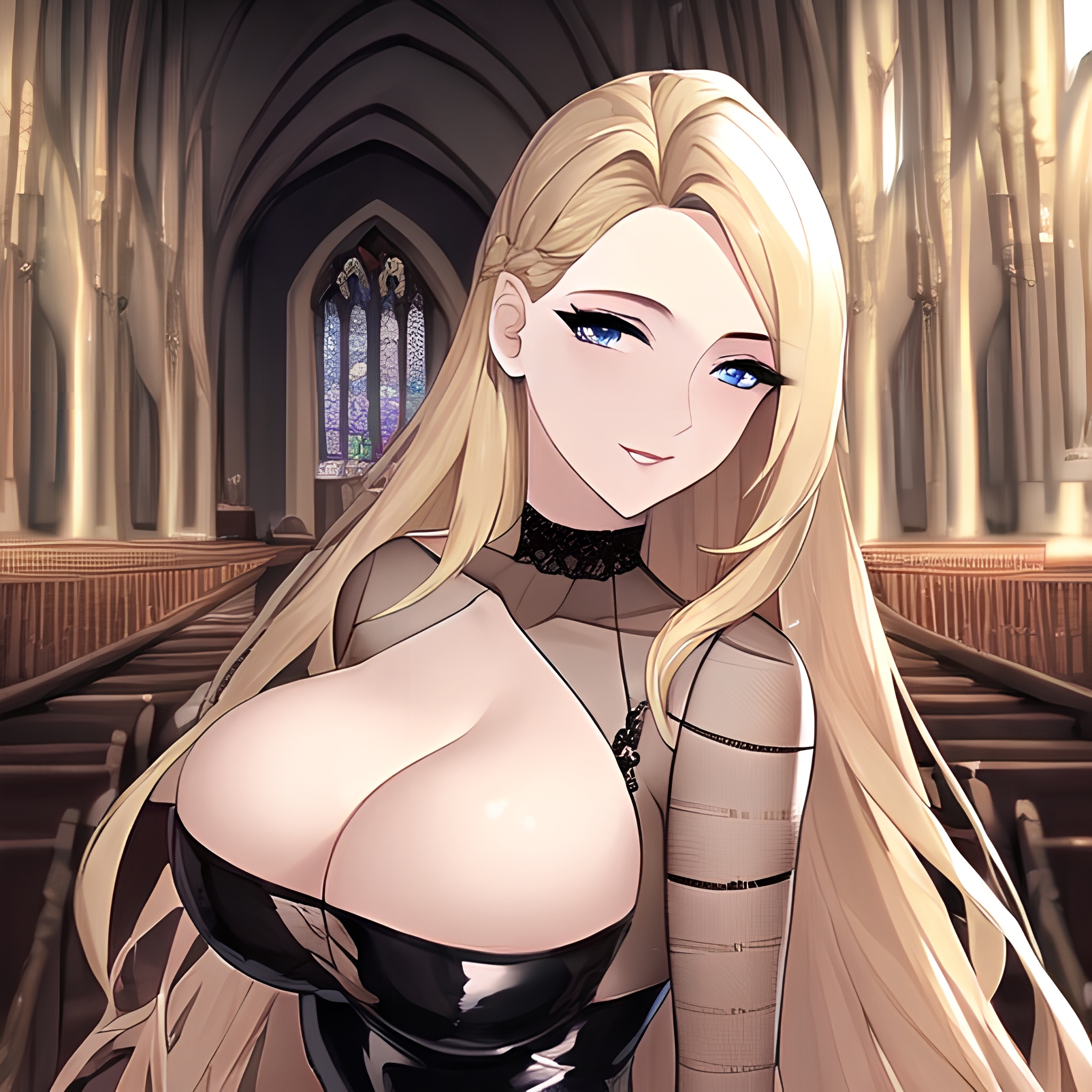 blonde woman fishnet long hair church small boobs front view nude 