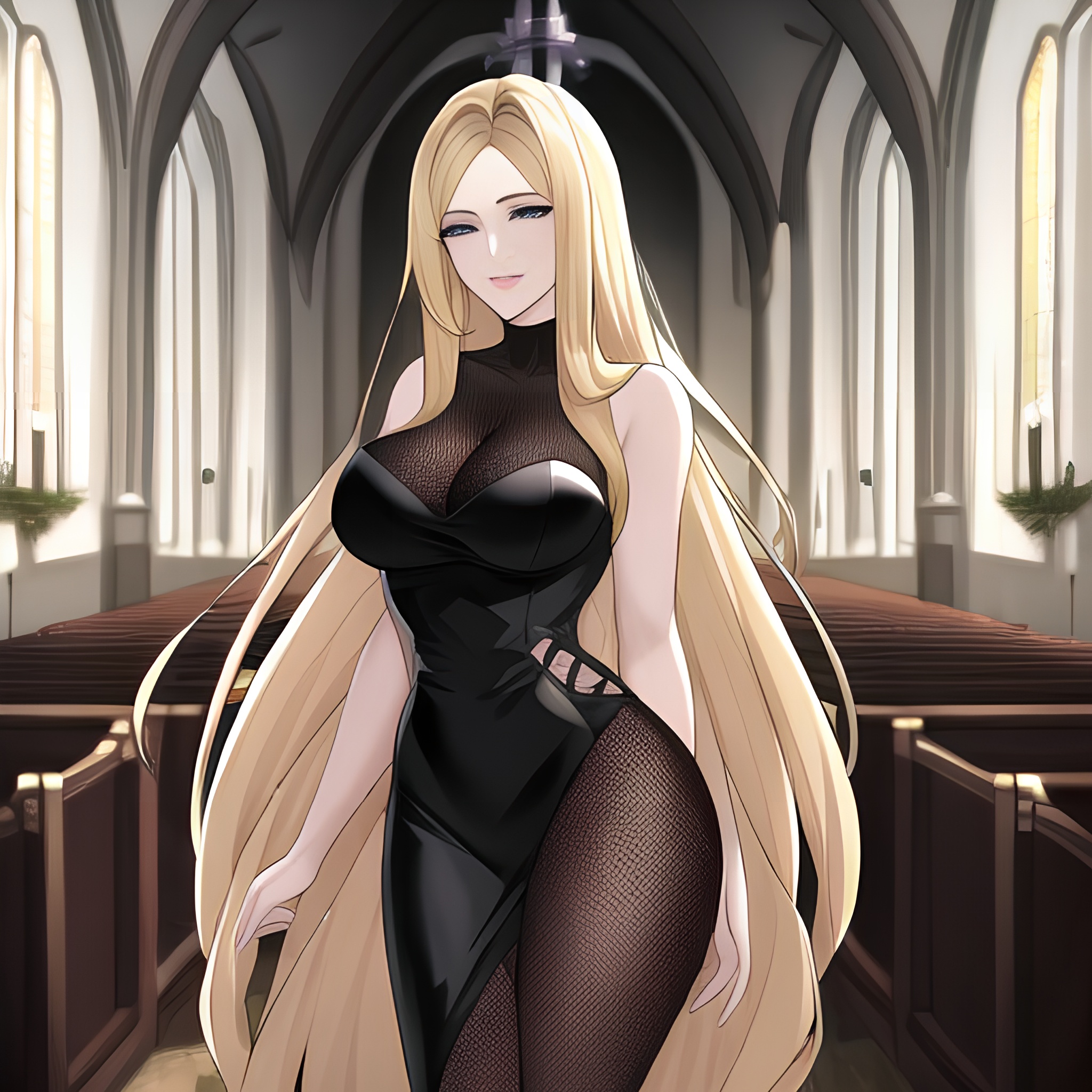 blonde woman fishnet long hair church 