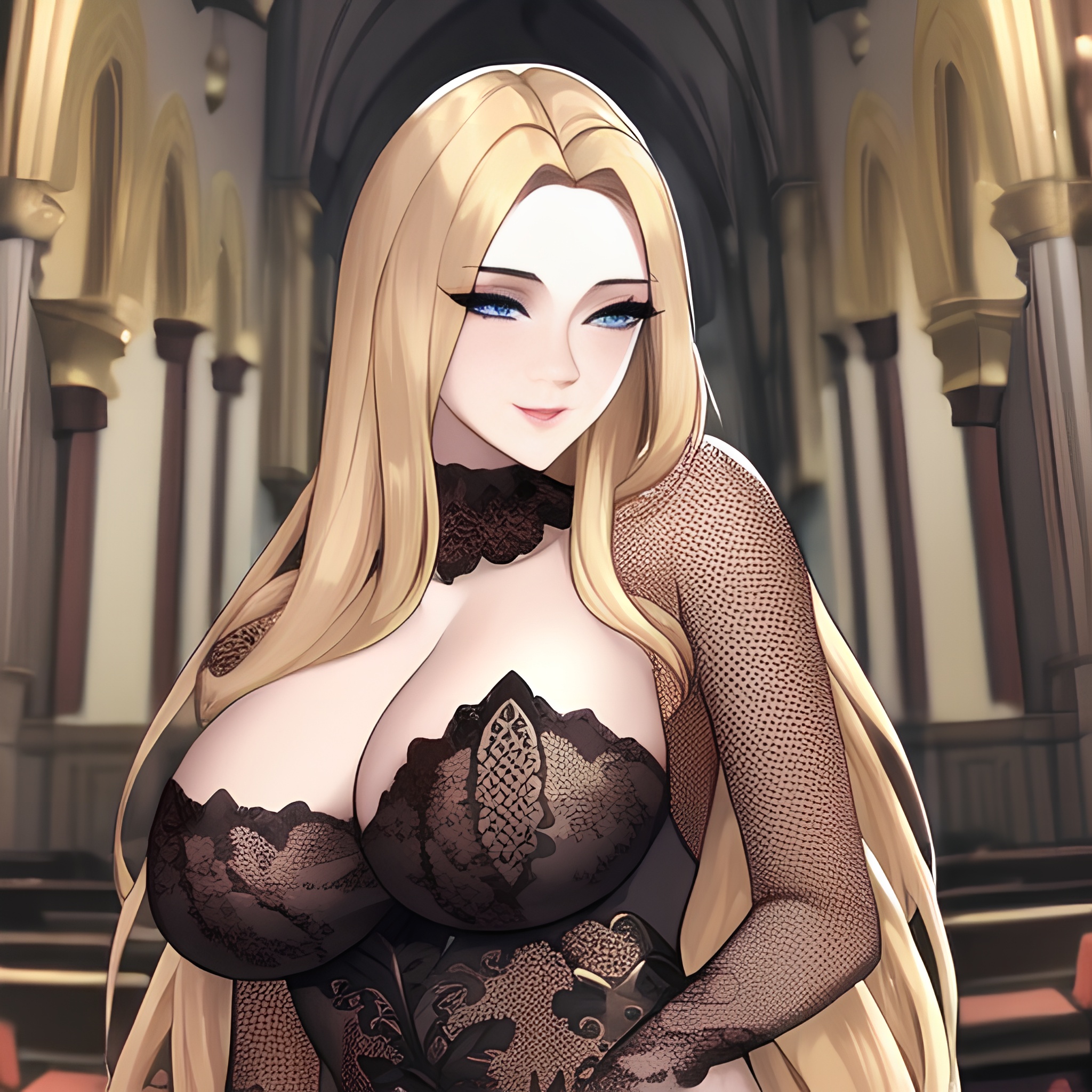 blonde woman fishnet small boobs nude front view church long hair