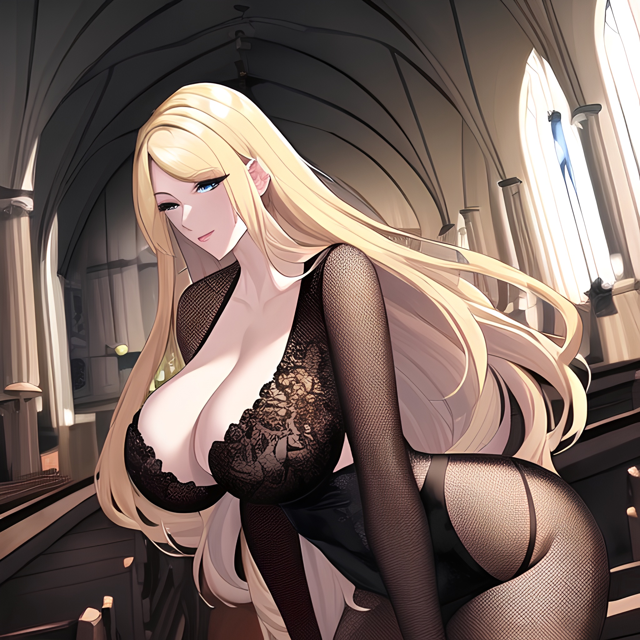 blonde woman front view church small boobs long hair fishnet nude 