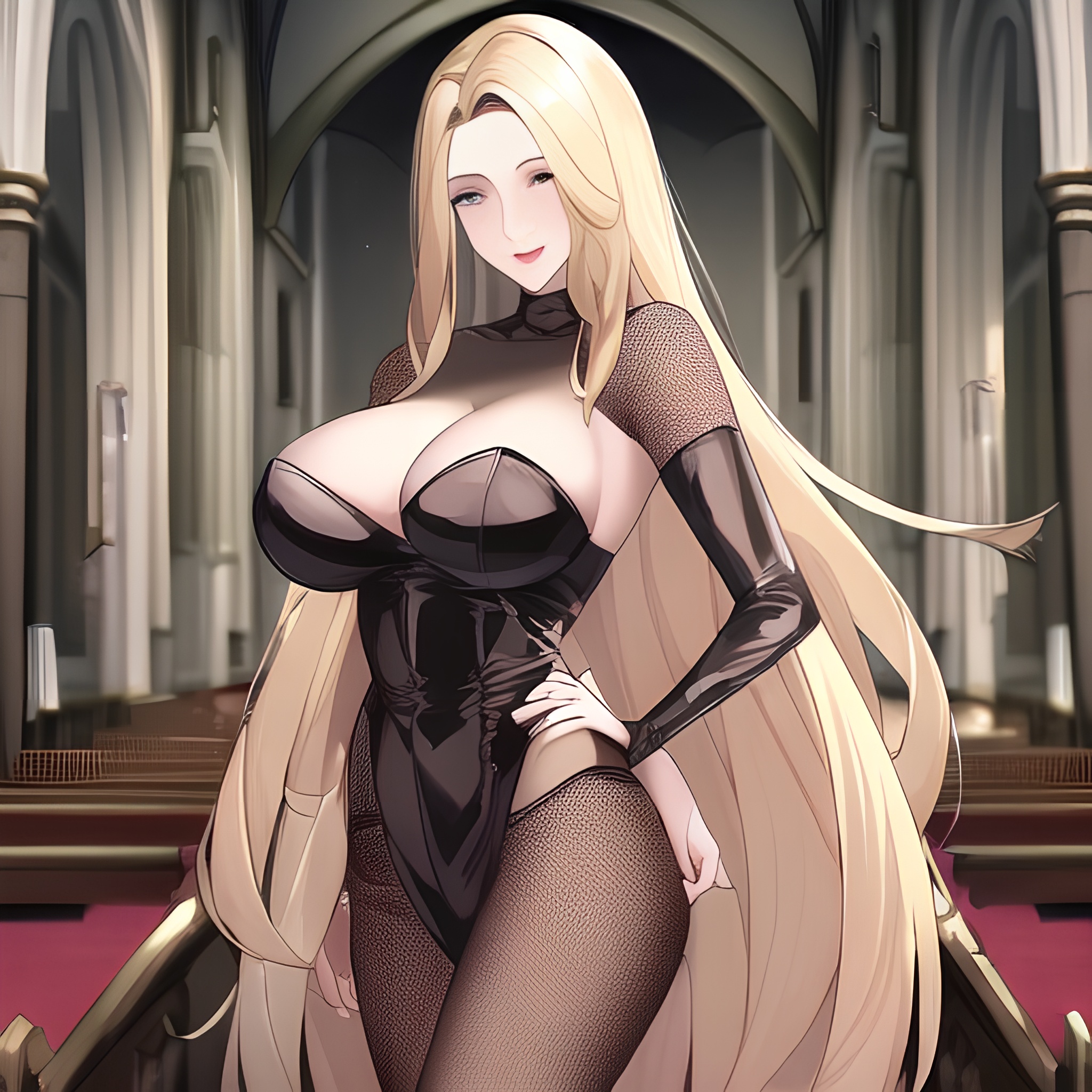 blonde woman front view nude fishnet small boobs church long hair 