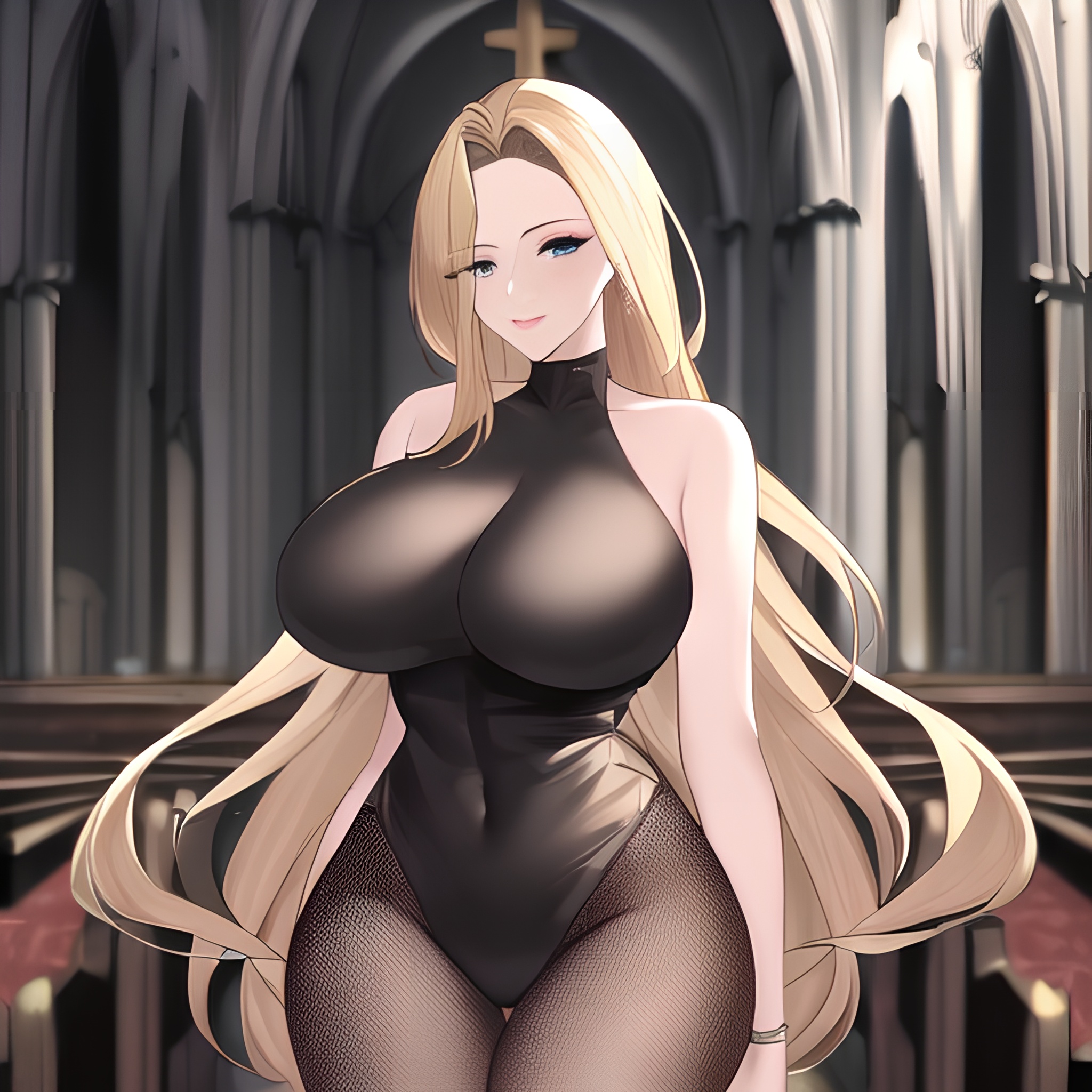 blonde woman front view small boobs church long hair nude fishnet