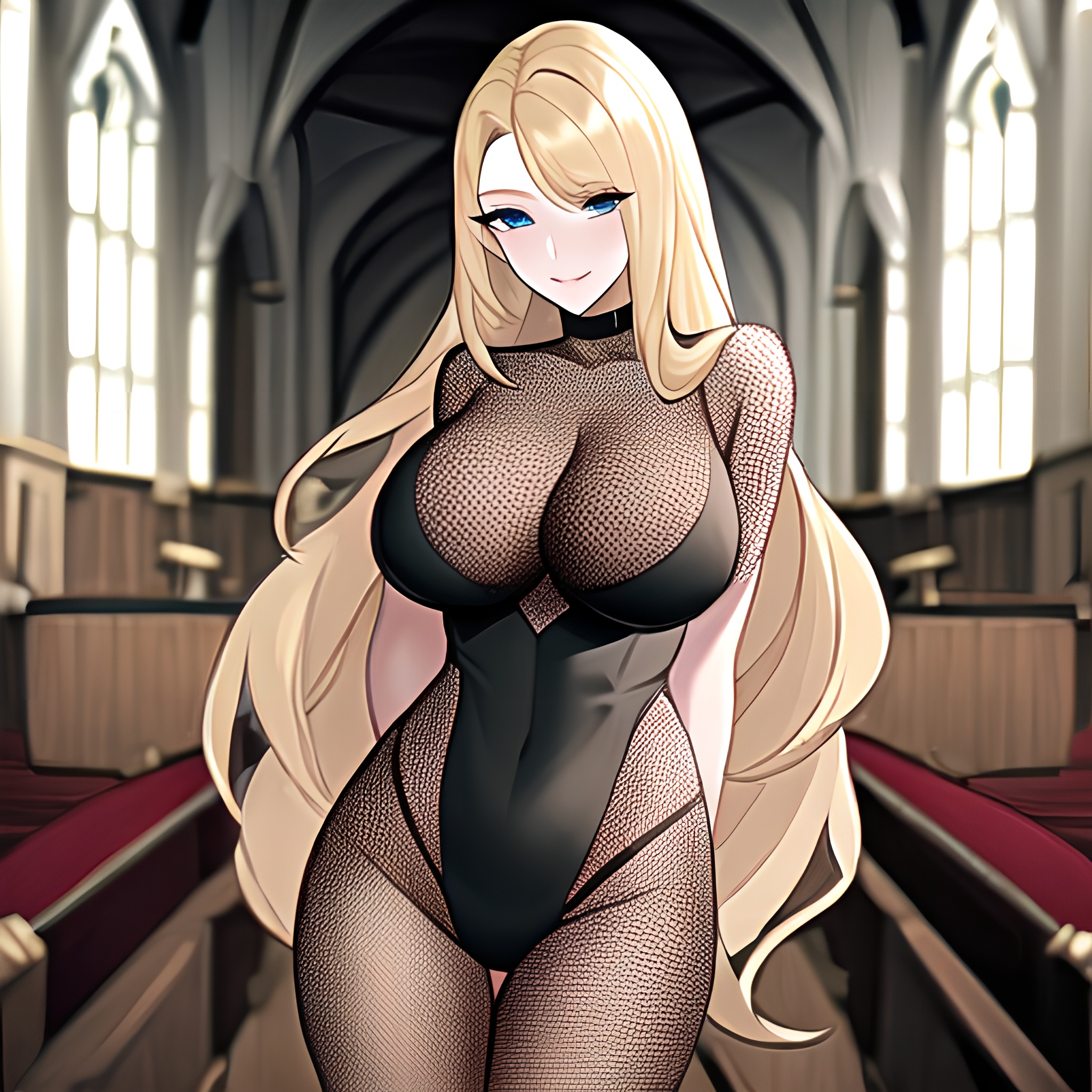 blonde woman long hair church fishnet 