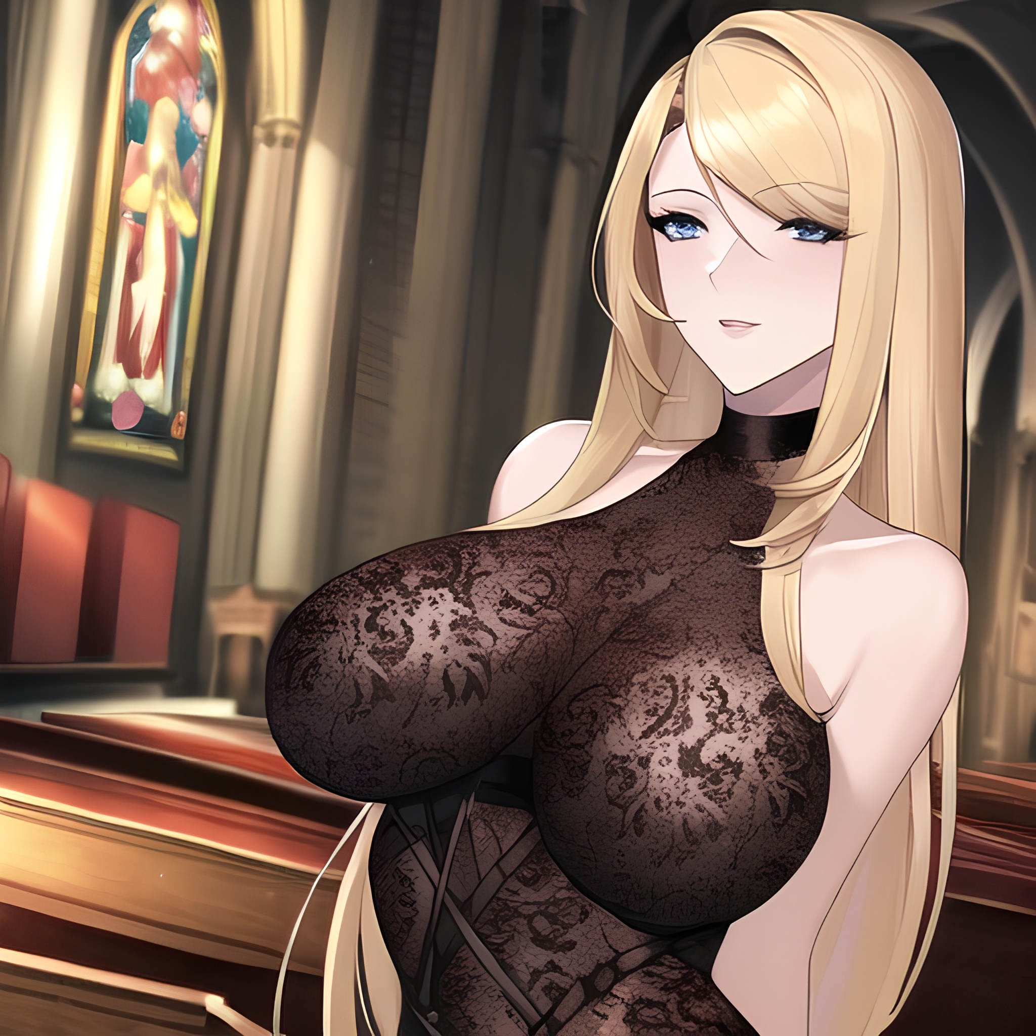 blonde woman long hair church small boobs front view fishnet nude