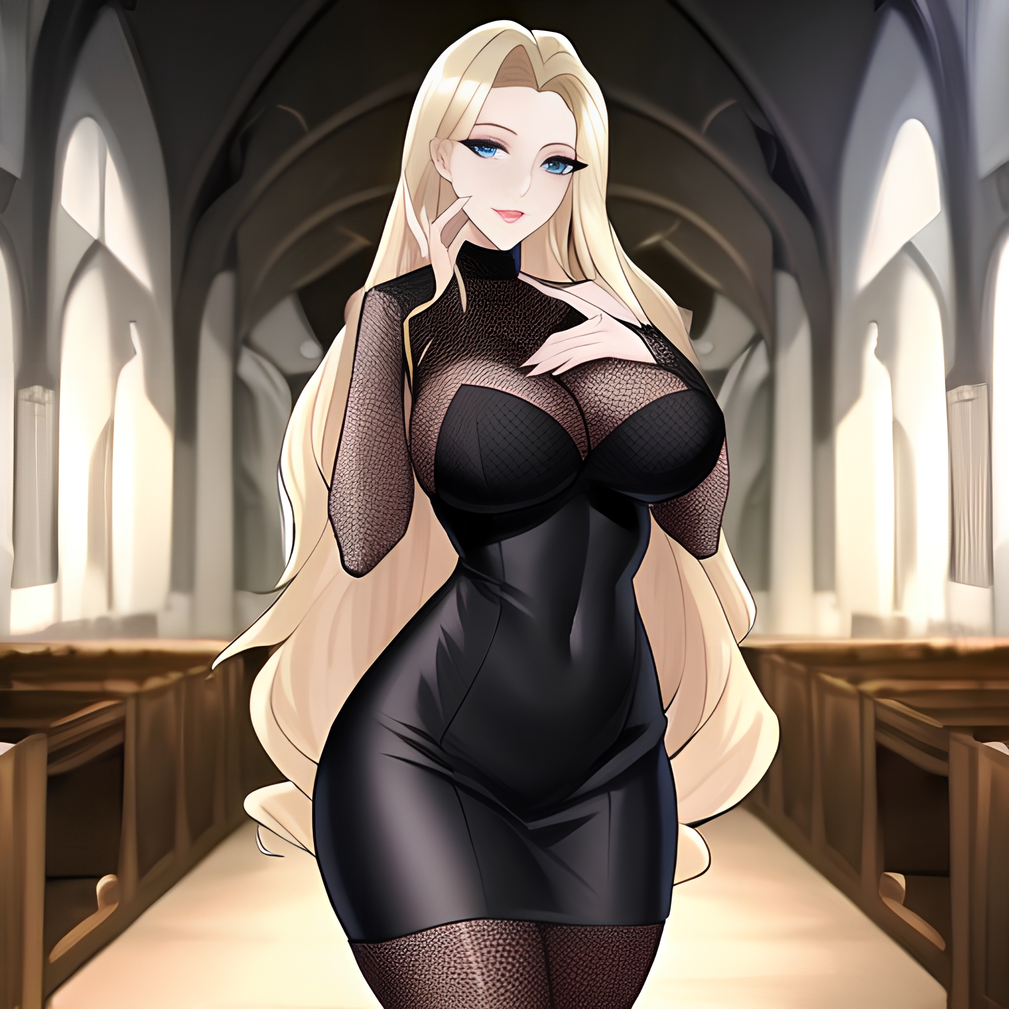 blonde woman long hair fishnet church 