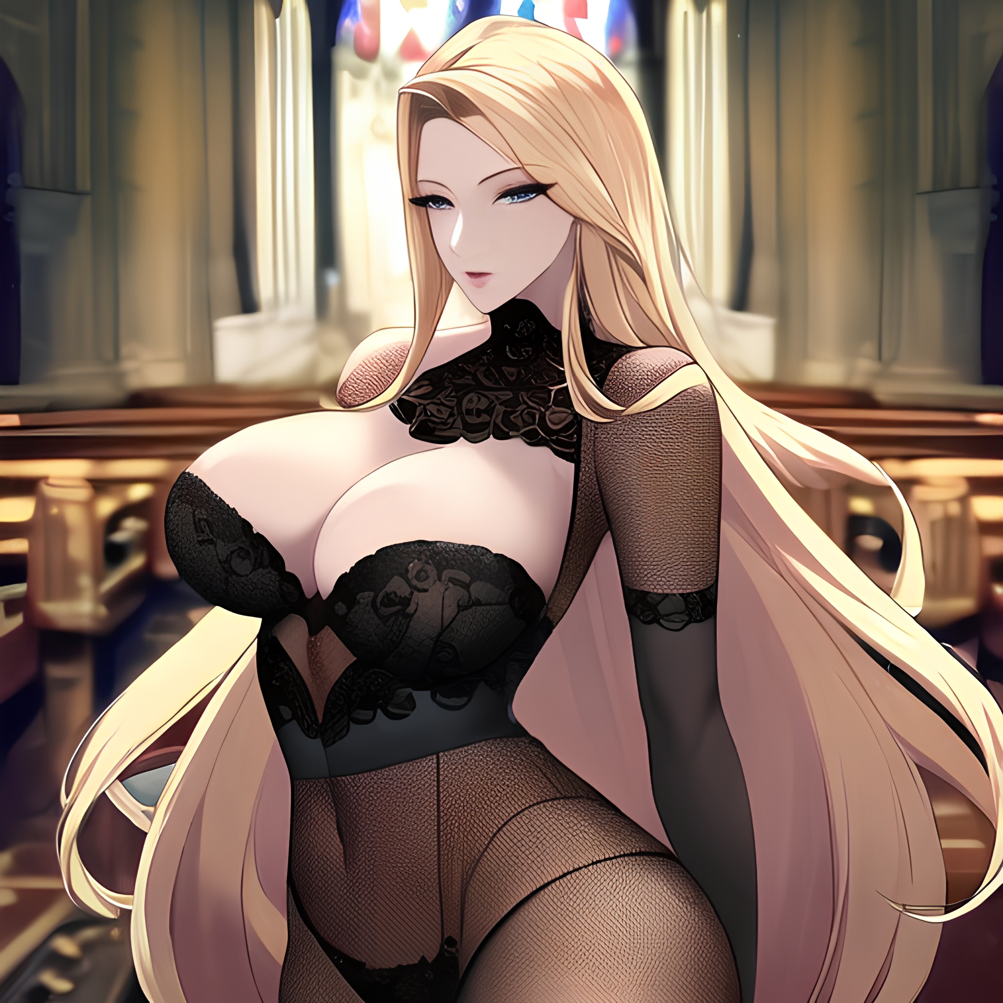 blonde woman nude fishnet long hair small boobs church front view 